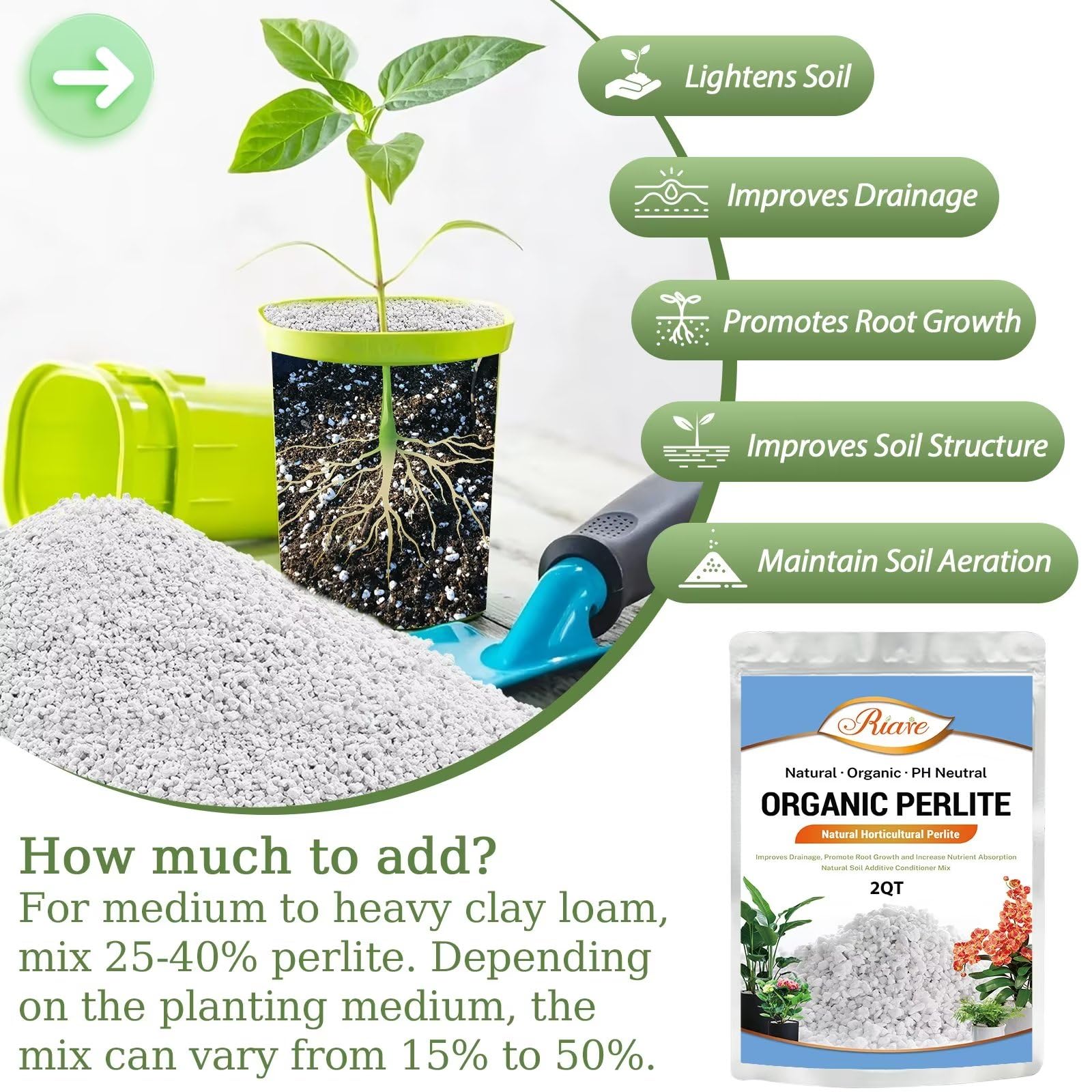 Riare perlite soil amendment blends with potting mix to enrich growing medium.