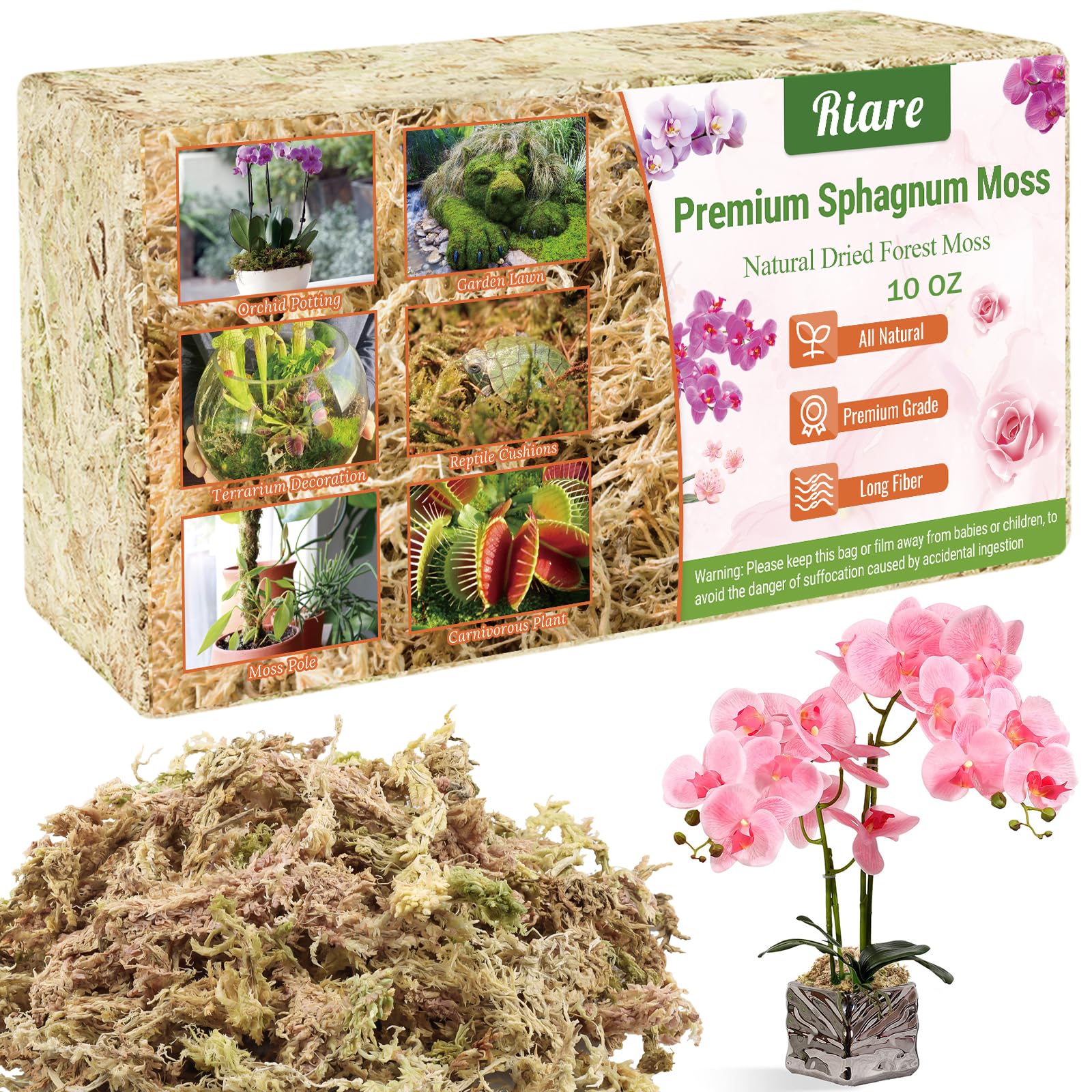 Riare premium sphagnum moss 10oz packet for lush orchid and carnivorous plant care.