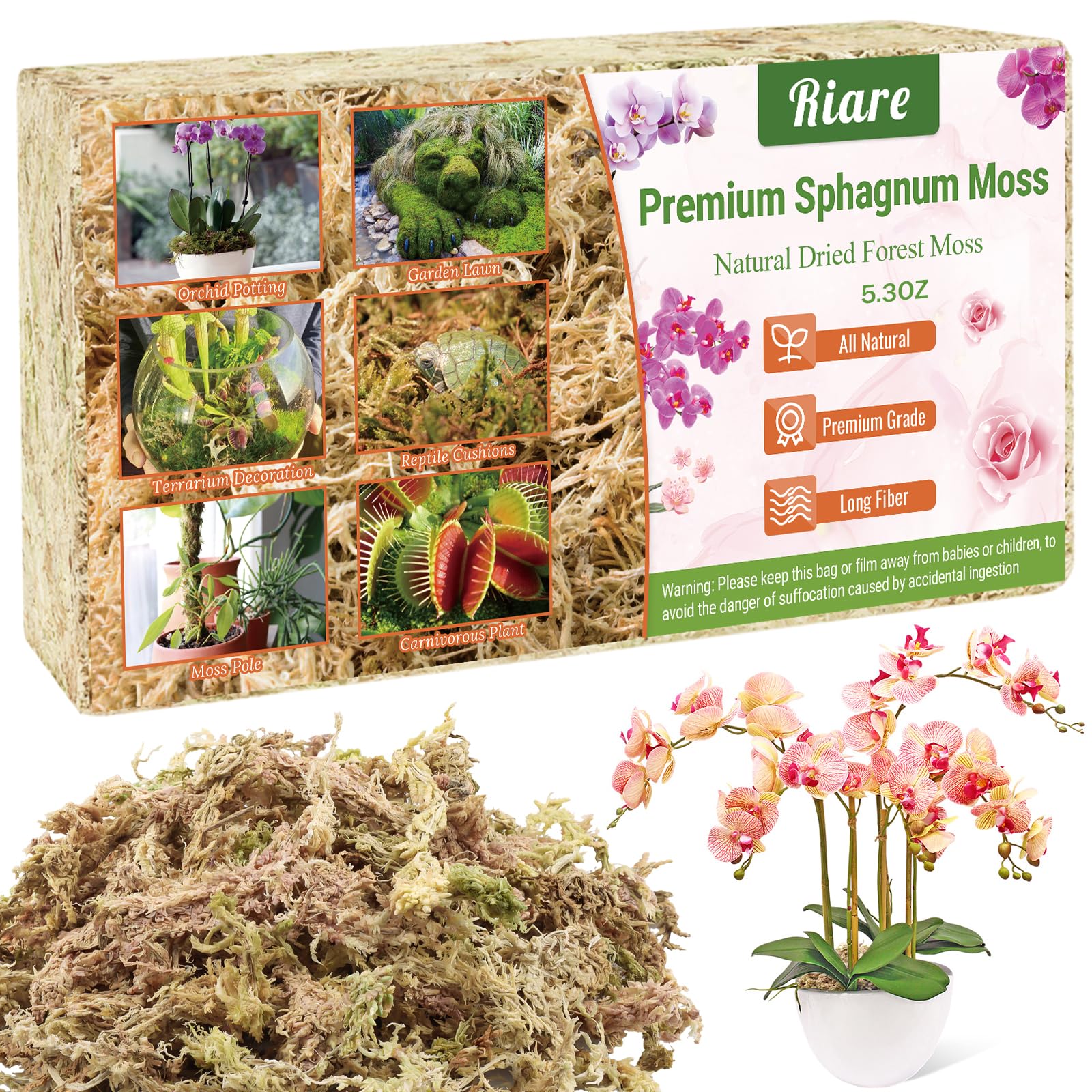 Riare premium sphagnum moss pack closeup shows long fibers for moisture retention in pots