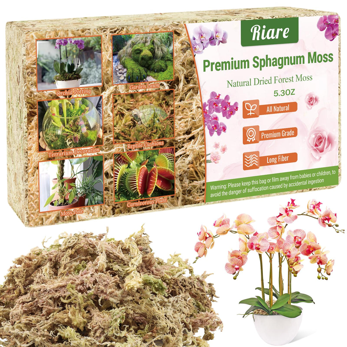 Riare premium sphagnum moss pack closeup shows long fibers for moisture retention in pots