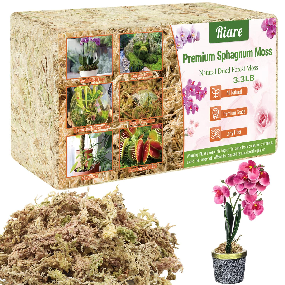 Riare premium sphagnum moss packaging ready to expand when hydrated for quick potting.