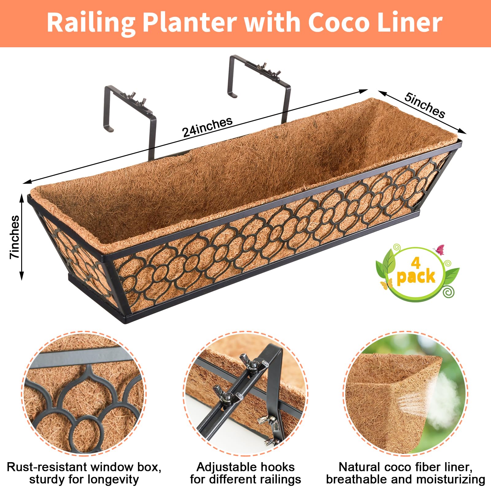 Riare railing planters with adjustable hooks for a perfect fit on rails