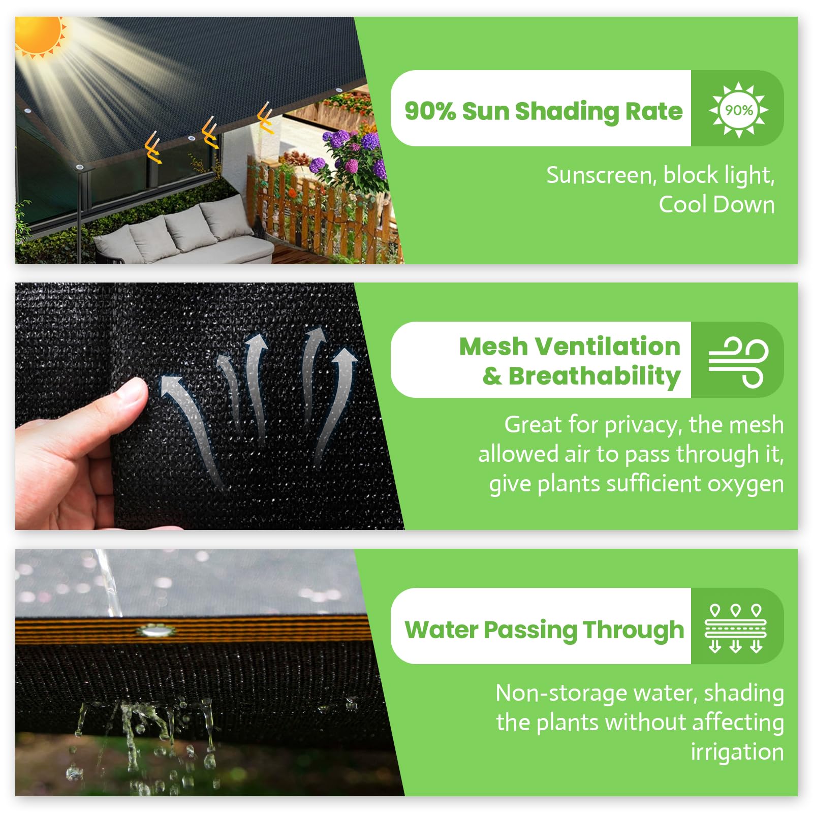 Riare rain-permeable shade lets irrigation rain through without harming plants.