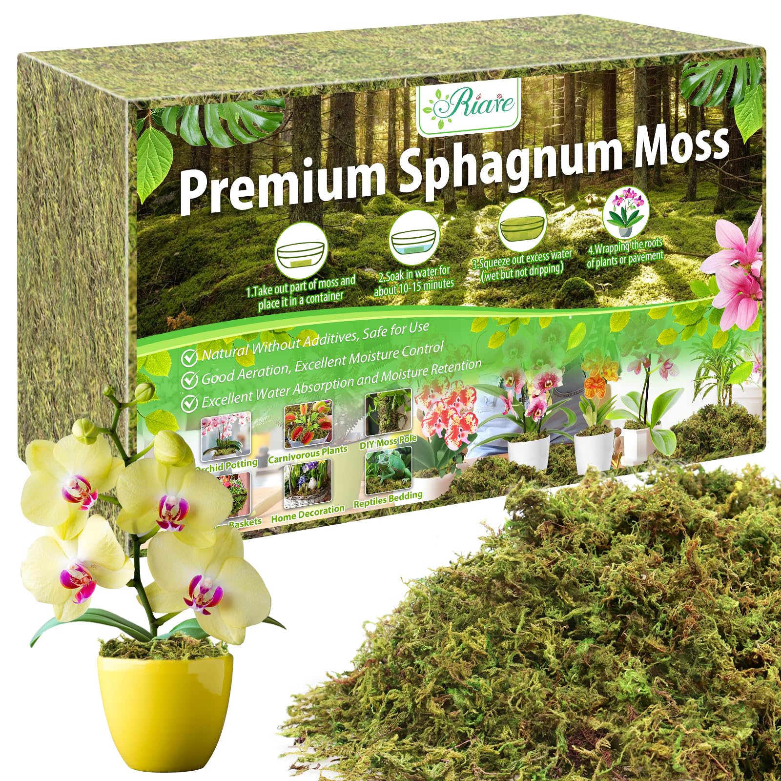 Riare sphagnum moss brick ready to soak for potting and moisture balance.