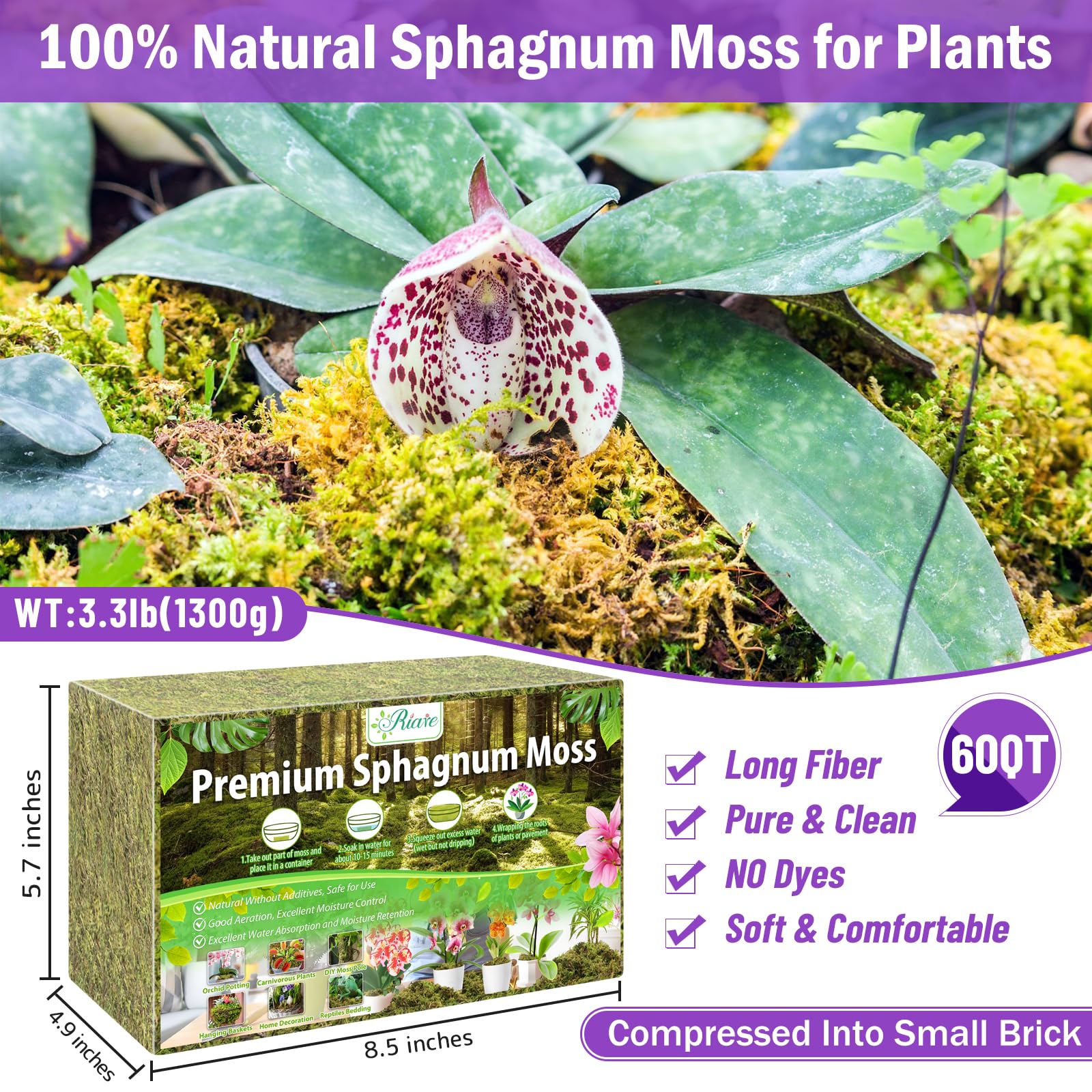 Riare moss expansion after soaking to 60 quarts supports large potting projects