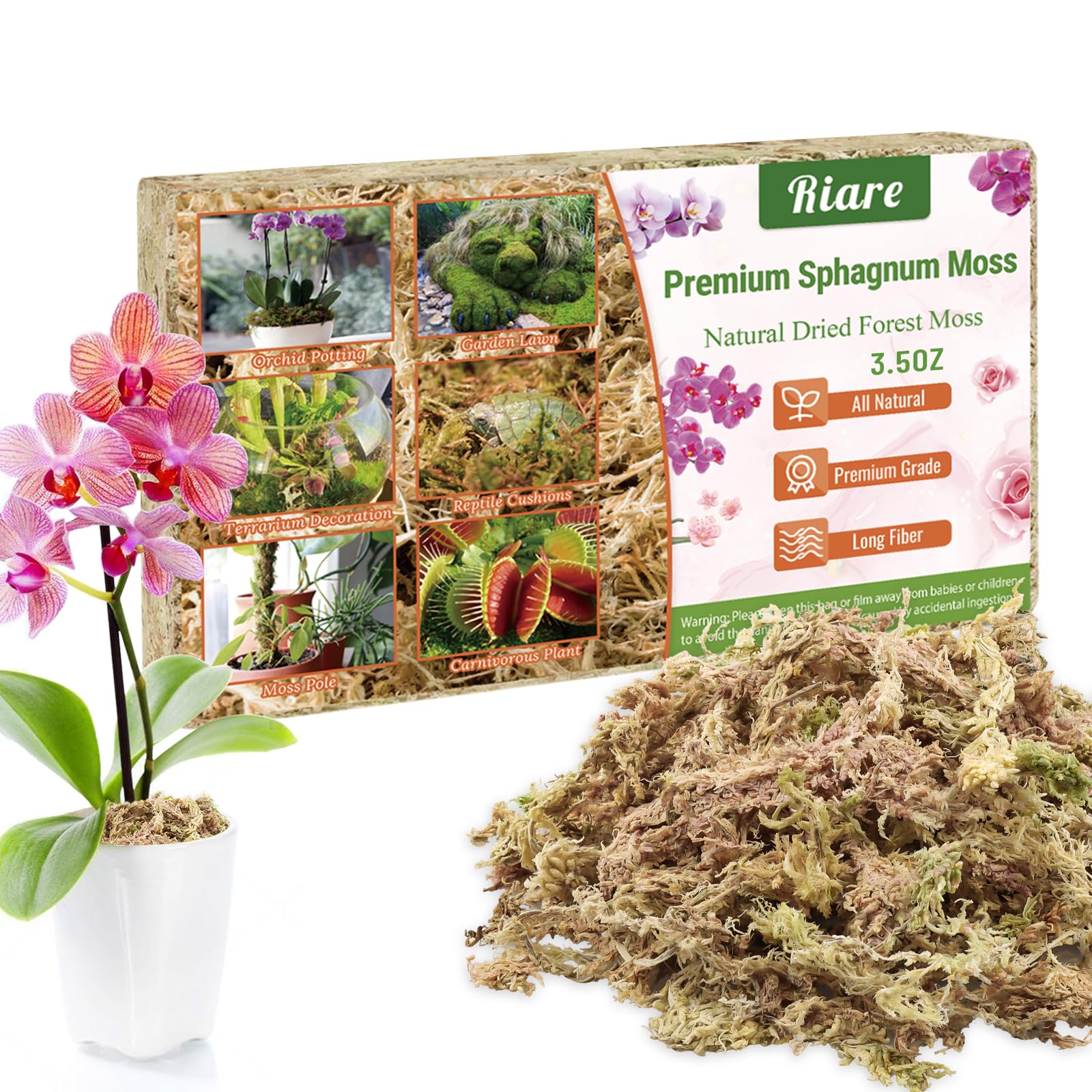 Riare 100 g sphagnum moss packaging showing natural long-fiber moss