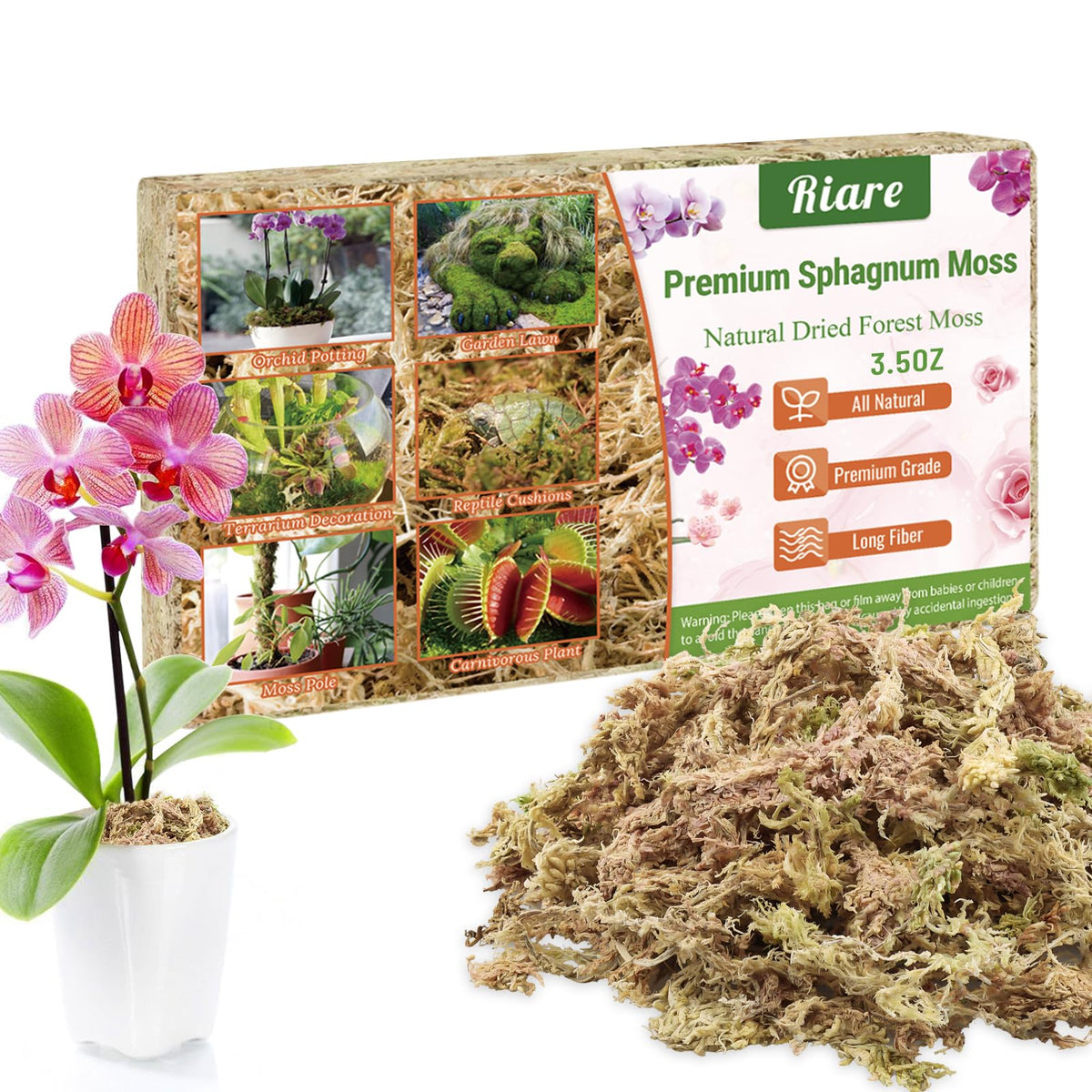 Riare 100 g sphagnum moss packaging showing natural long-fiber moss