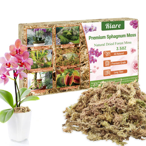 Riare 100 g sphagnum moss packaging showing natural long-fiber moss
