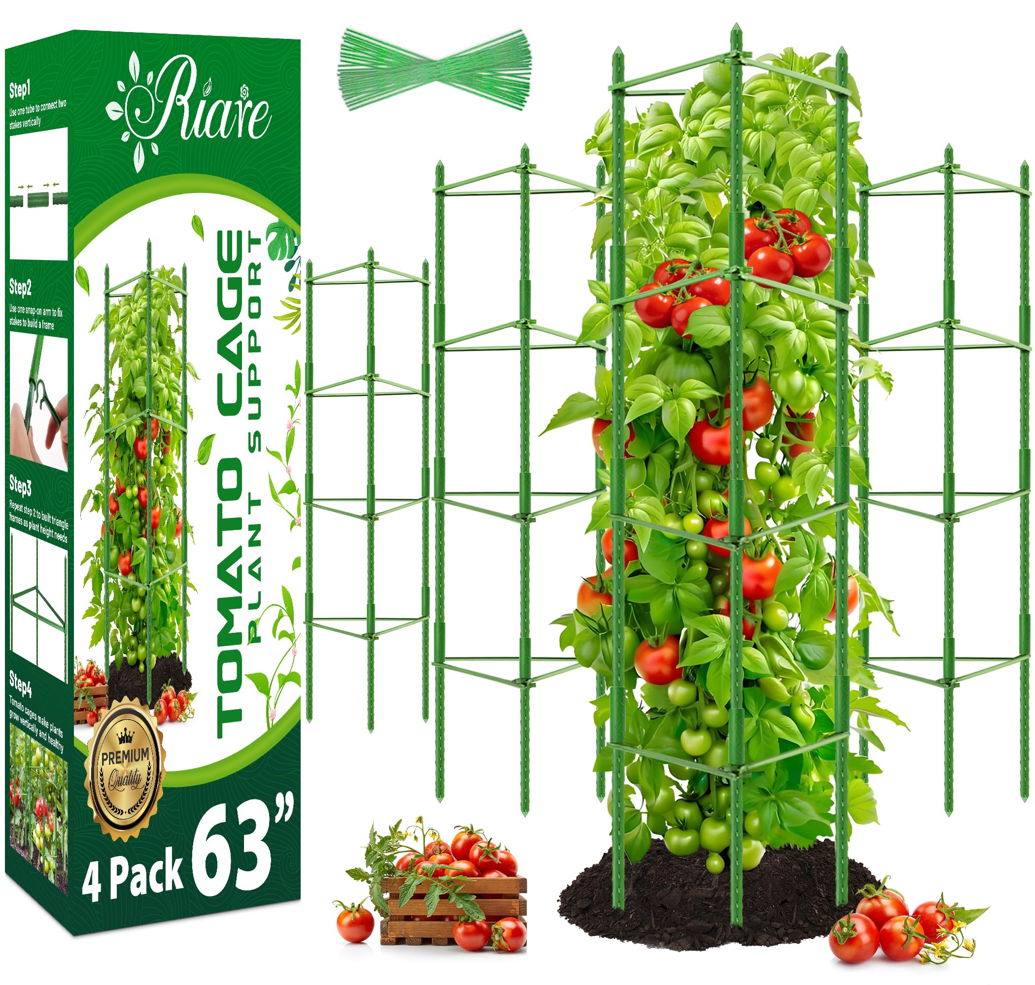 Riare 4-pack tomato cages set up for a tall vertical garden display