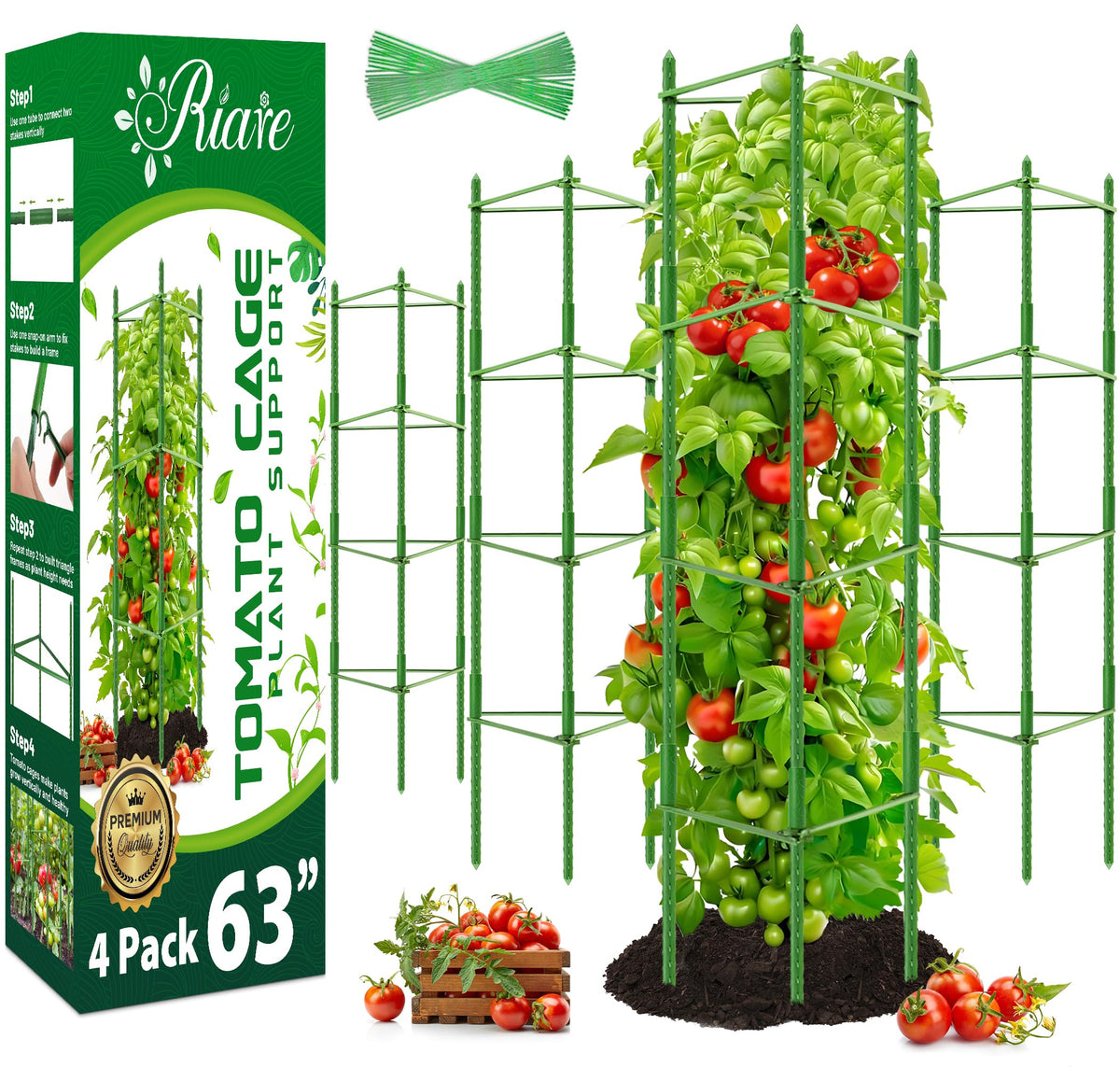 Riare 4-pack tomato cages set up for a tall vertical garden display