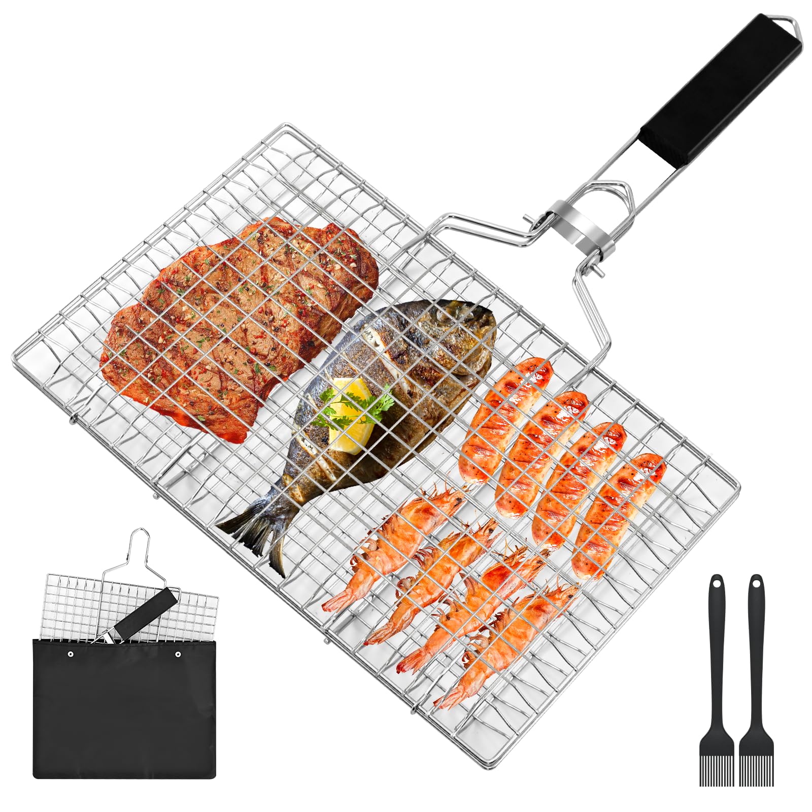 Ribber fish grill basket with folding handle for easy transport.