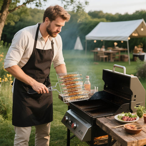 Ribber portable grilling rack with storage bag for camping.