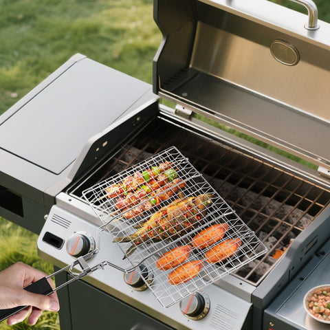 Ribber stainless steel grill basket in 430-grade steel, rust resistant.