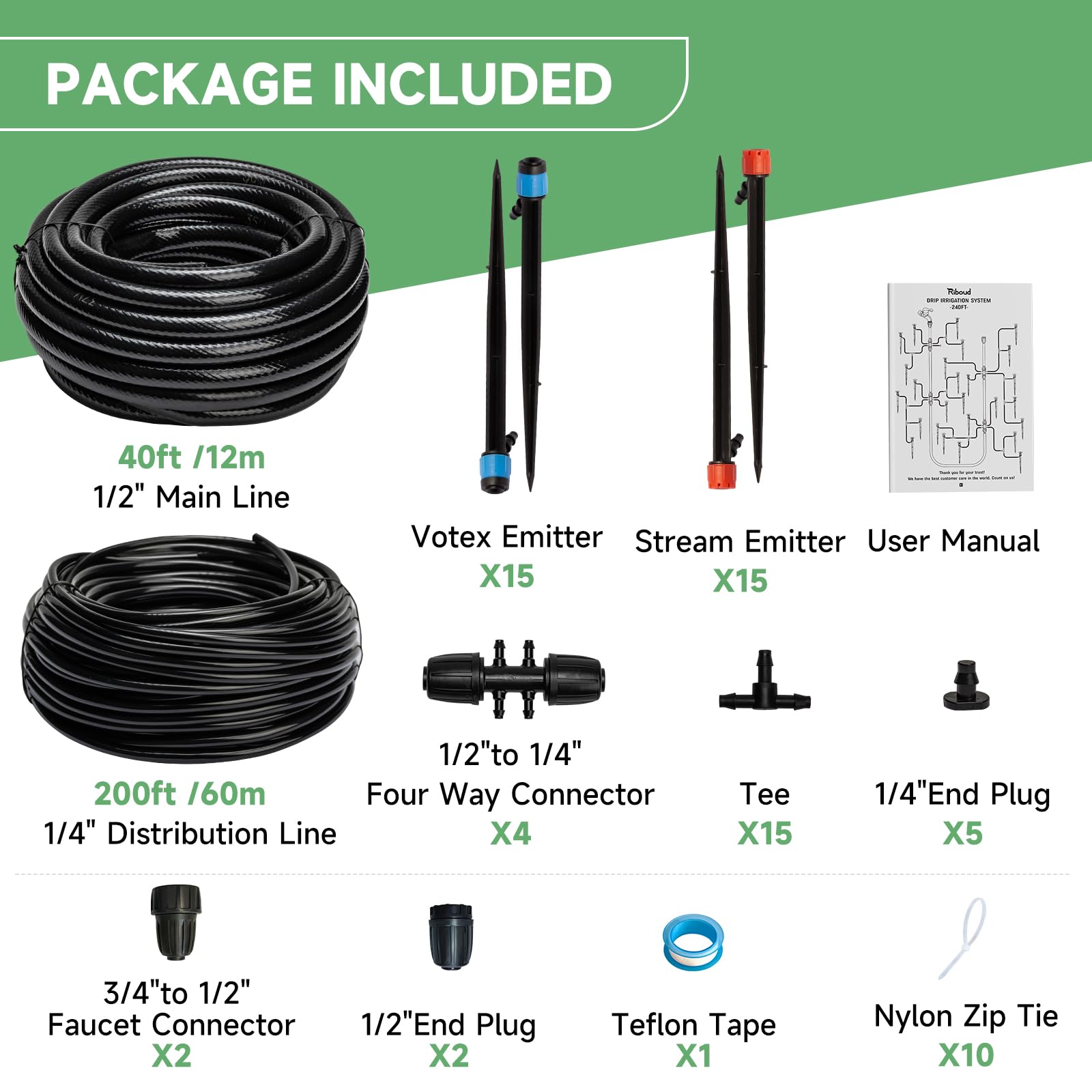 Riboud 240ft distribution tubing keeps irrigation organized across beds.