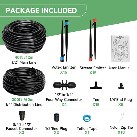 Riboud 240ft distribution tubing keeps irrigation organized across beds.