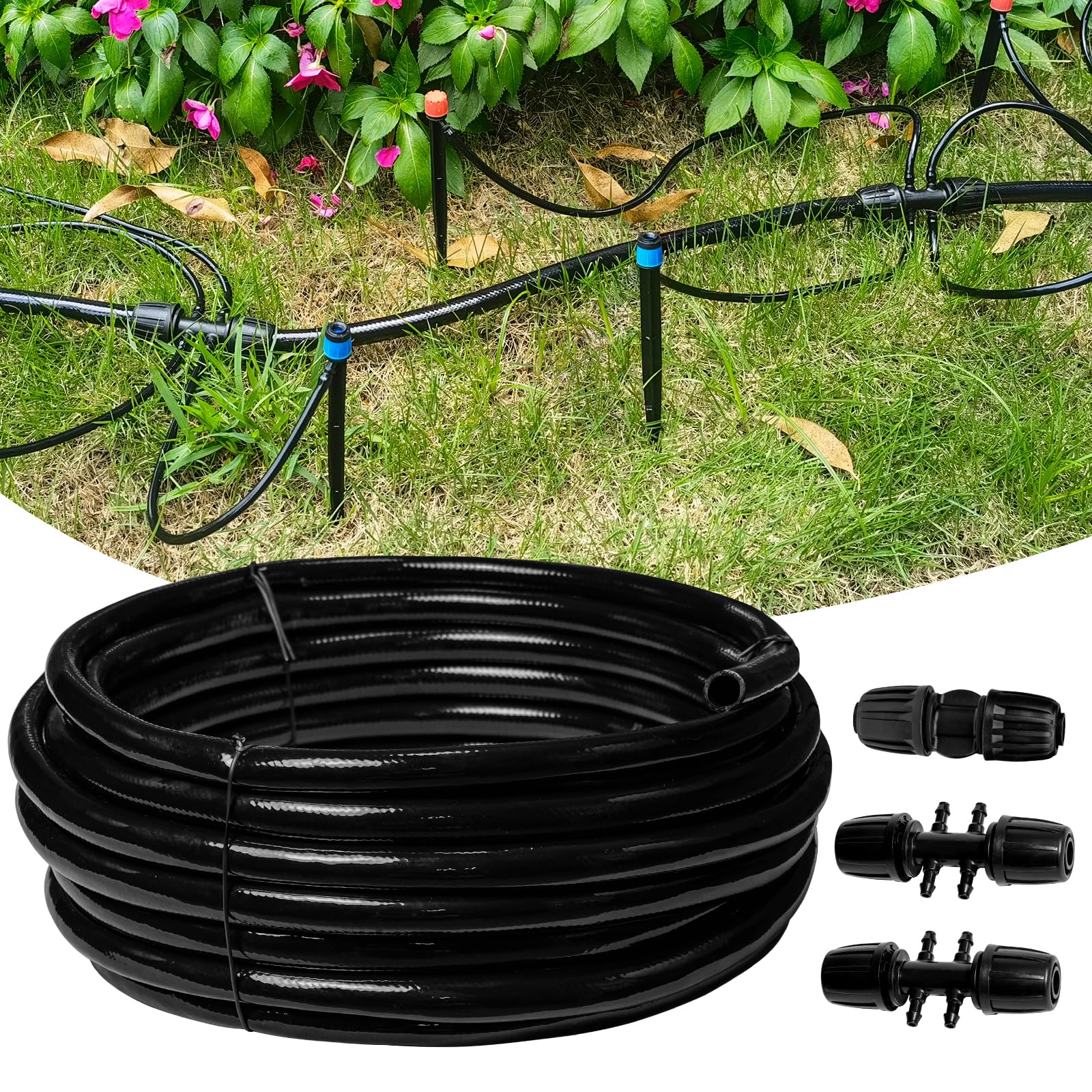 Riboud 50 ft drip tubing main line for efficient garden watering.