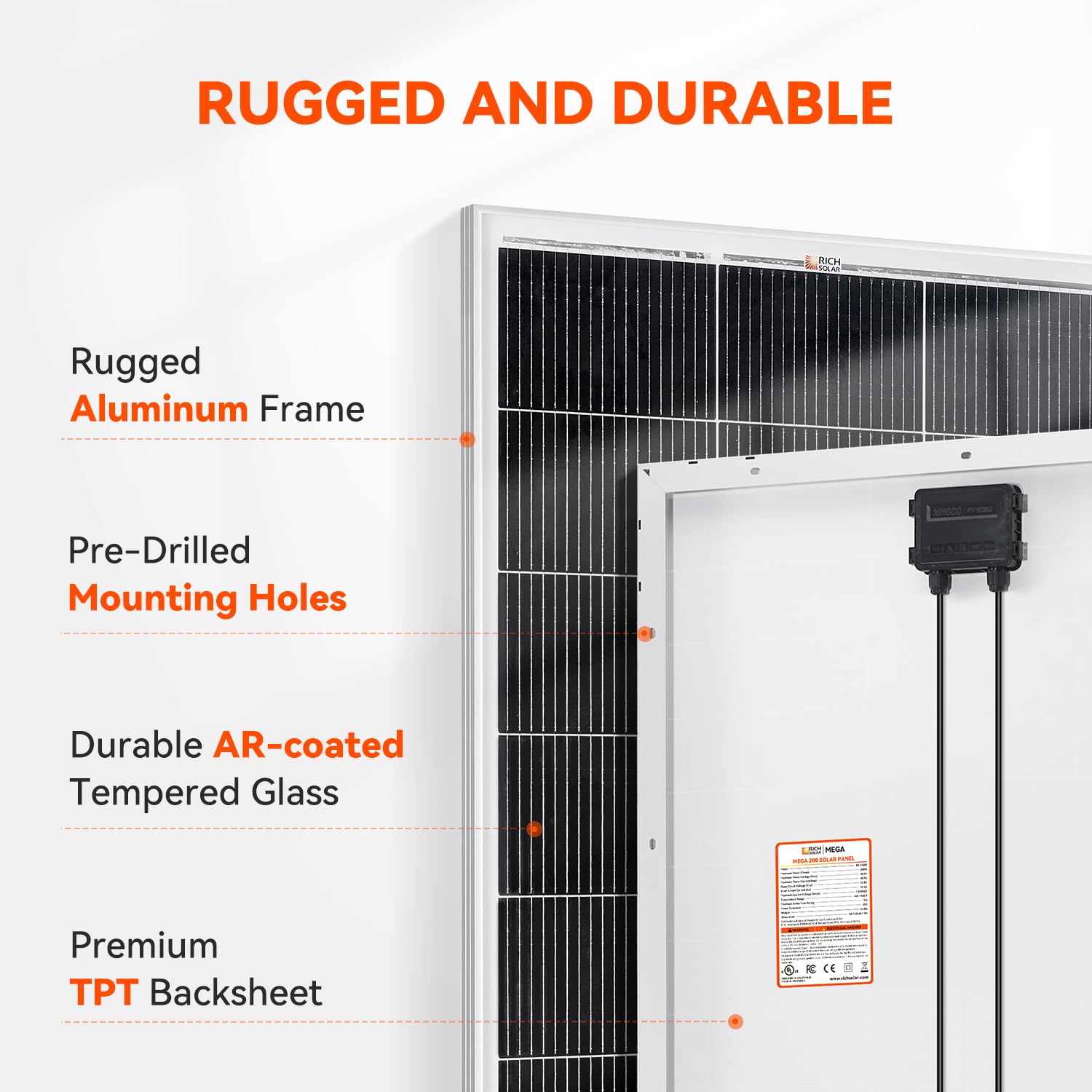 RICH SOLAR anodized frame providing rugged durability against wind and snow.