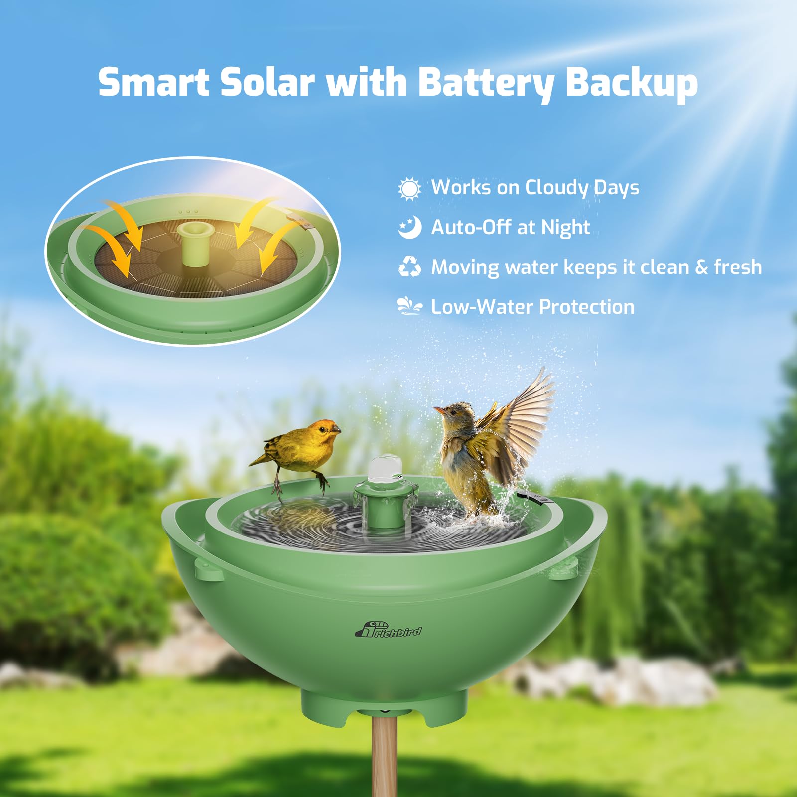 RichBird 3-nozzles bird bath emphasizes varied spray patterns for different bird preferences.
