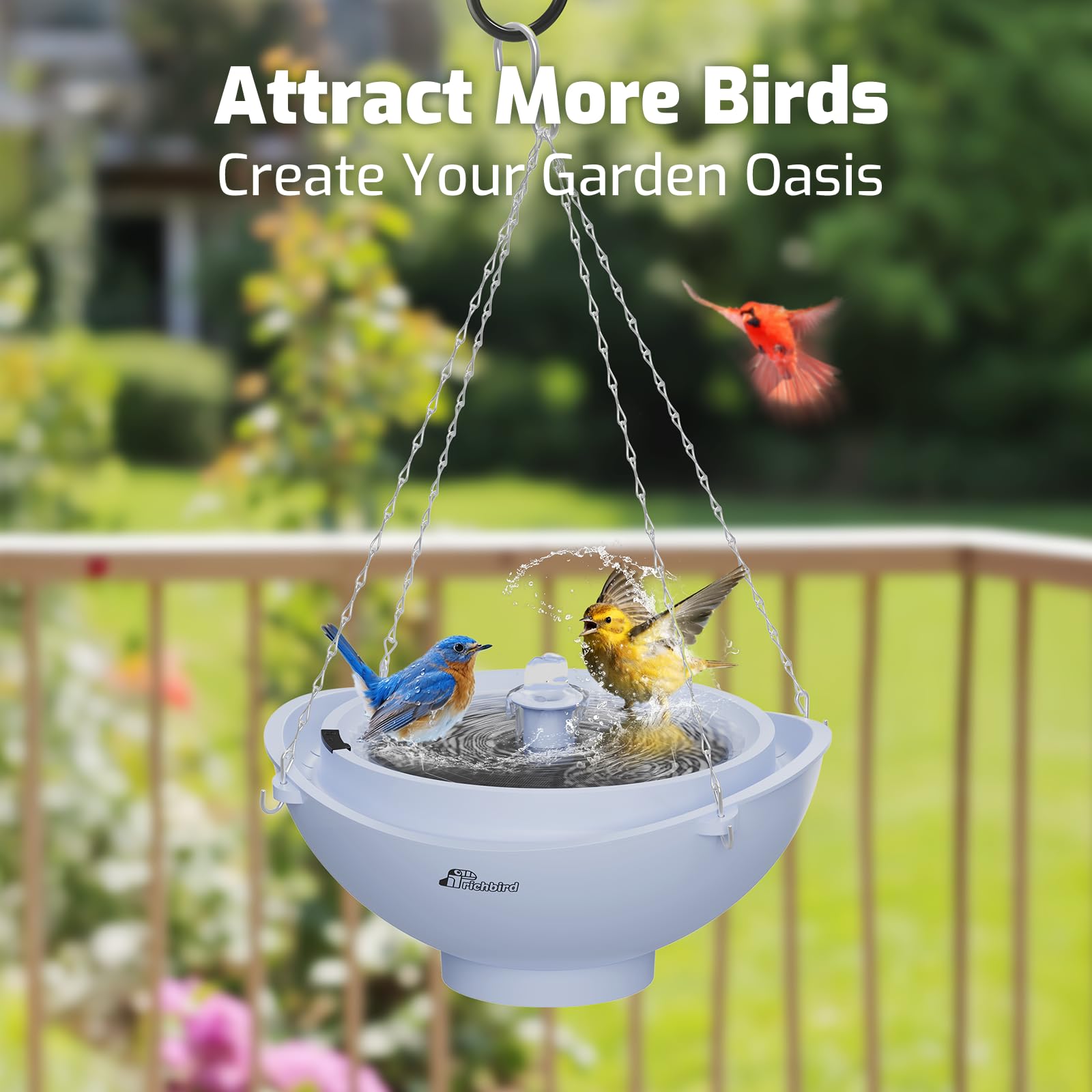 RichBird battery backup ensures continuous fountain flow during clouds and dusk.