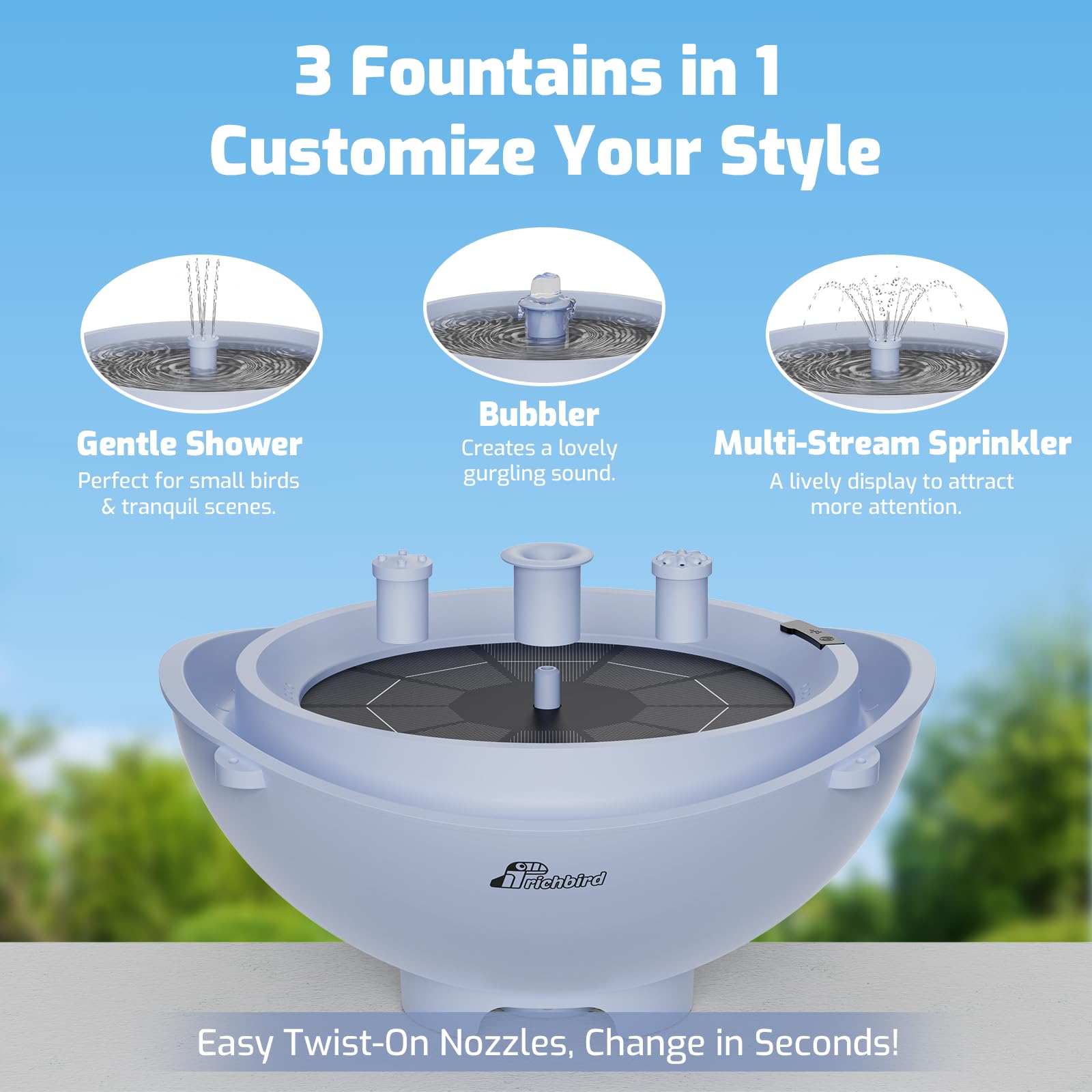 RichBird tabletop fountain with 10.8-inch sky-blue basin.