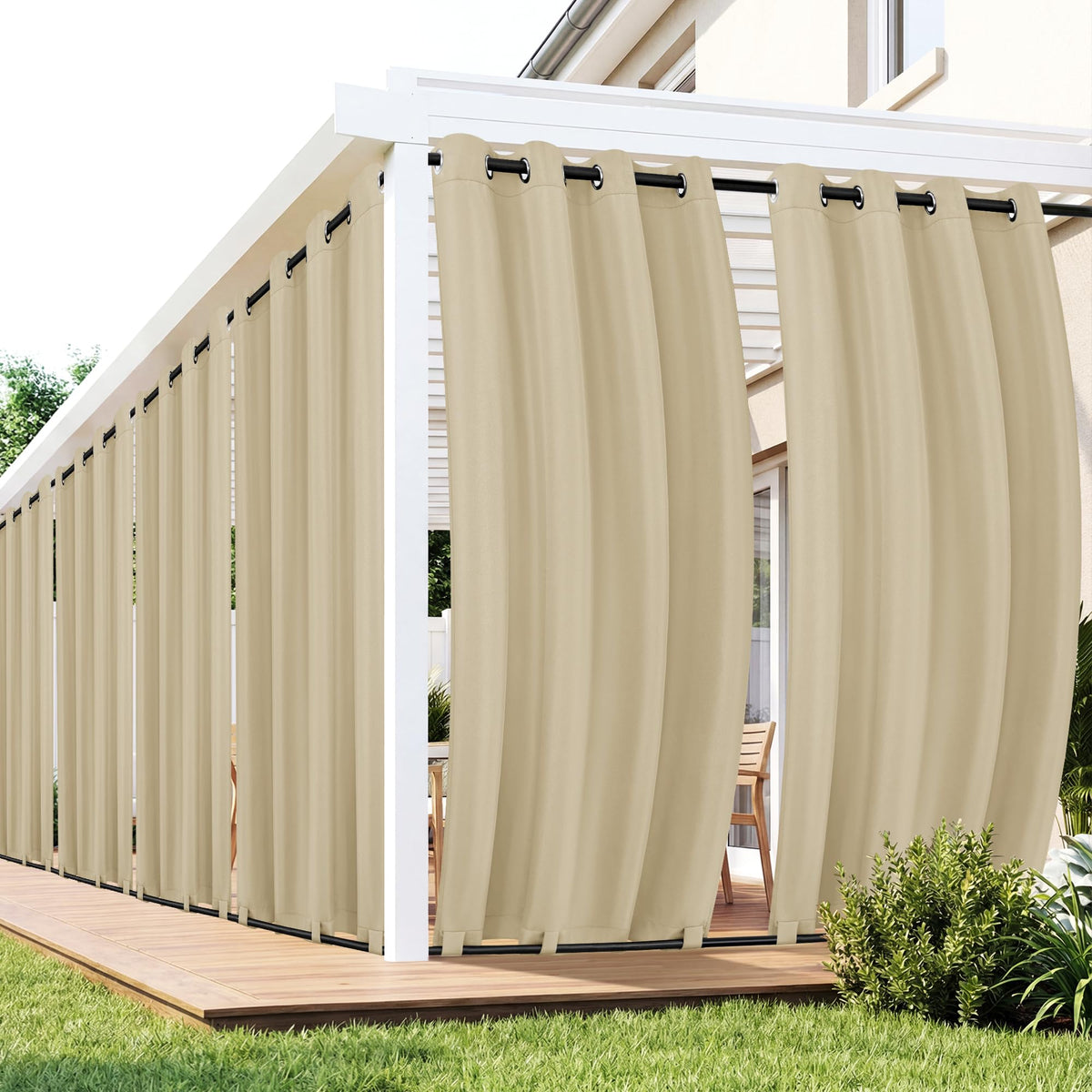 RichSets outdoor curtains 6-panel cream on a pergola for privacy and shade