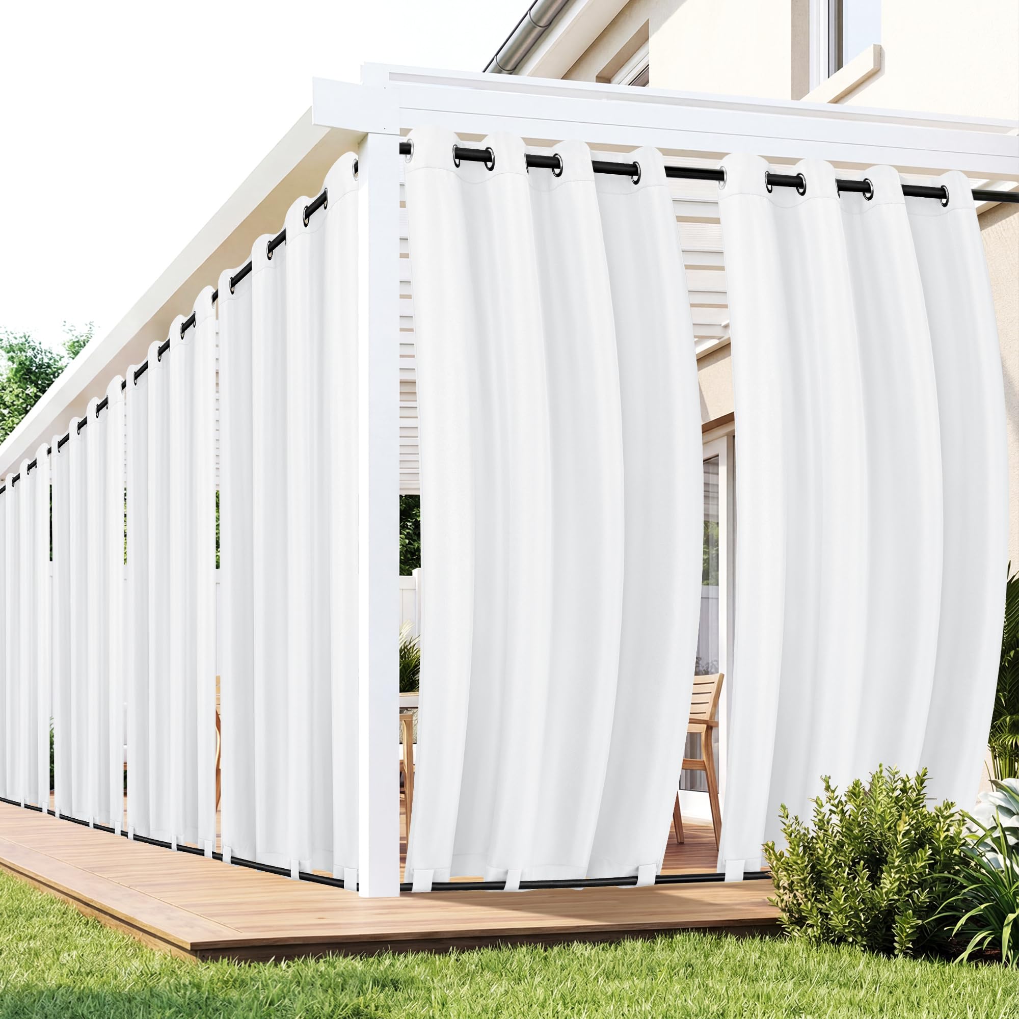 RichSets outdoor curtains installed on a rod showing full 6-panel privacy coverage