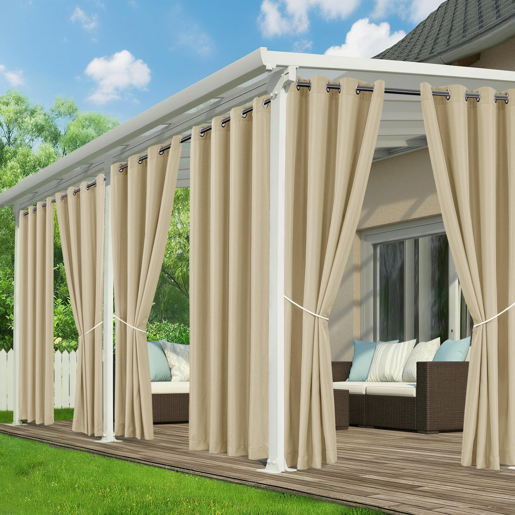 RichSets cream outdoor curtains offering waterproof coverage for patios and porches.
