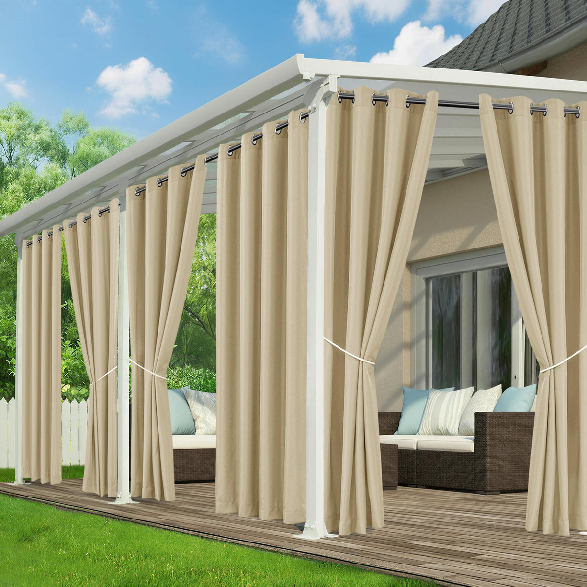 RichSets cream outdoor curtains offering waterproof coverage for patios and porches.