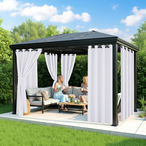 RichSets White outdoor curtains shown on a gazebo setup with weatherproof fabric.
