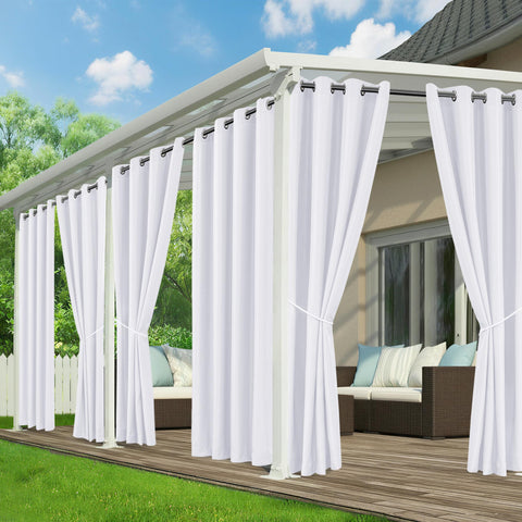 RichSets White patio waterproof curtains shield the patio from rain while maintaining a clean look.