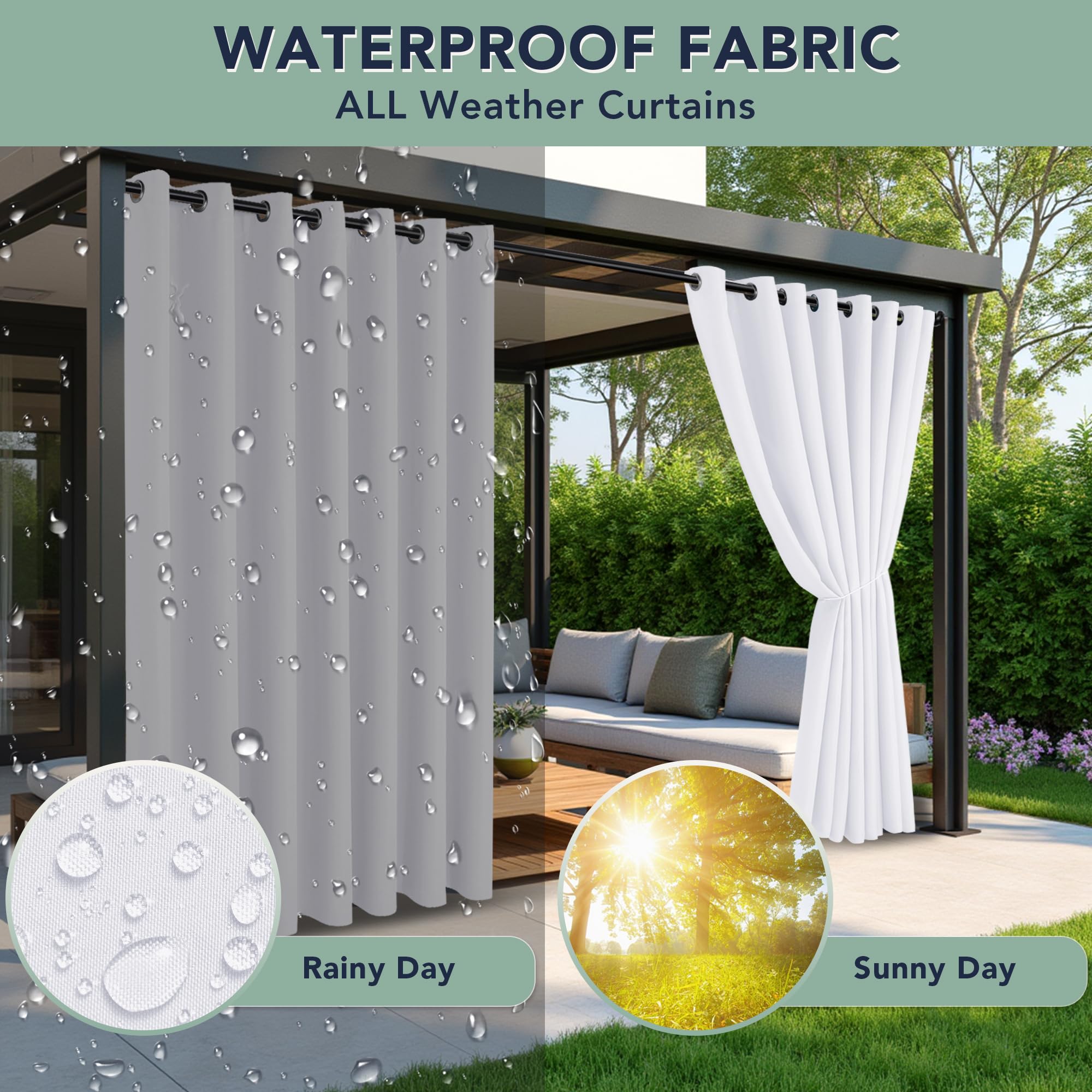 RichSets White outdoor curtains provide privacy for six panels across a large area.