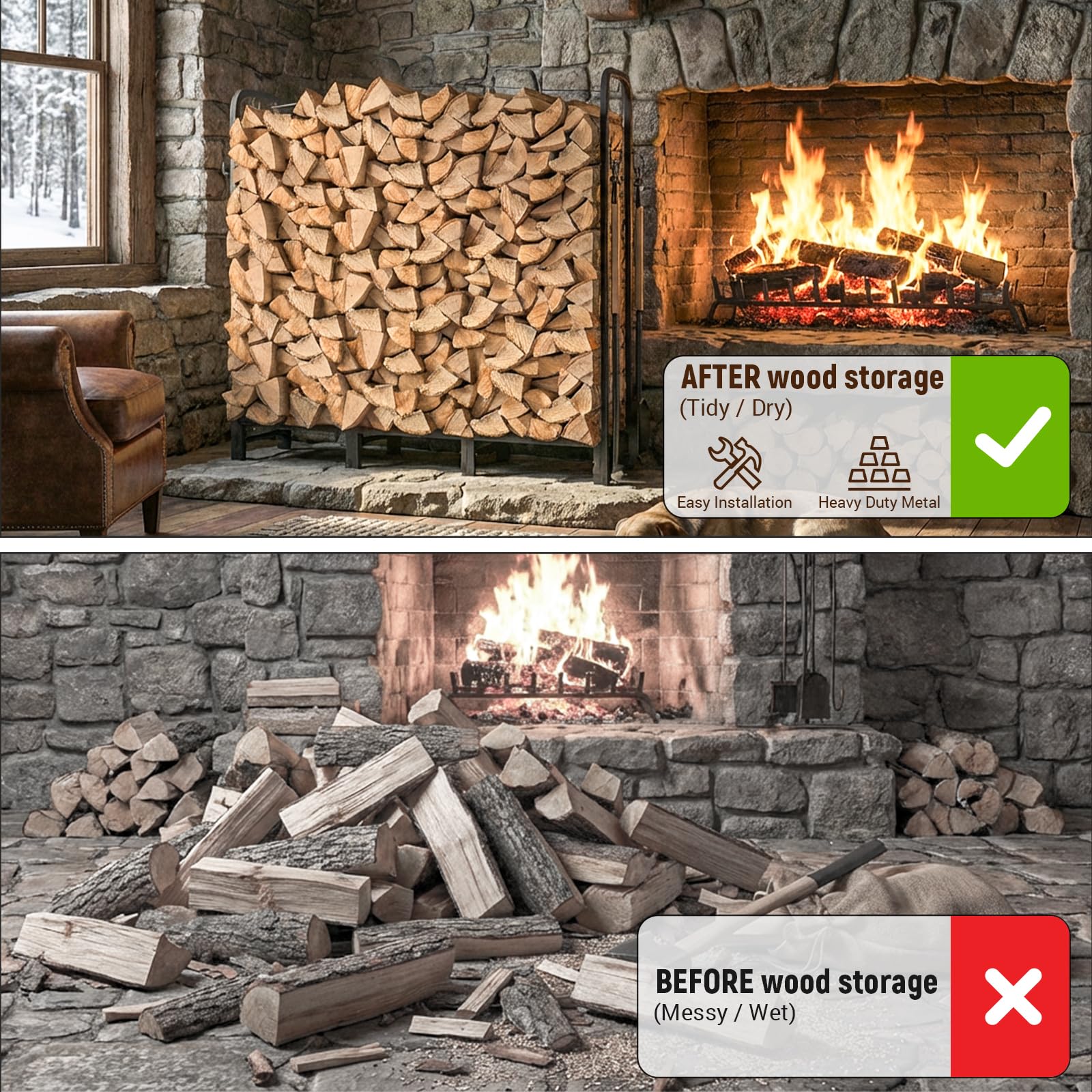Riciakik firewood rack 16-leg supports stabilize heavy loads up to 800 lbs.