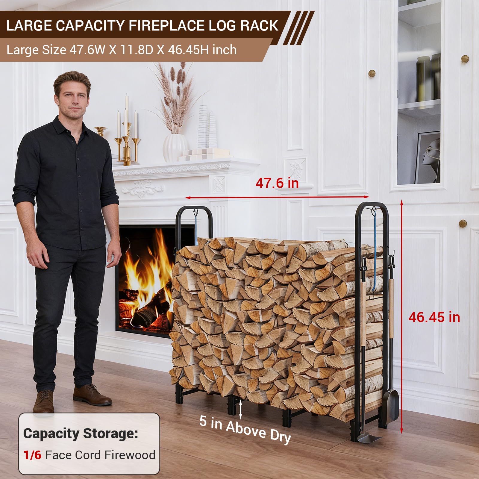 Riciakik firewood rack accessories include hooks and elastic cord for tools.