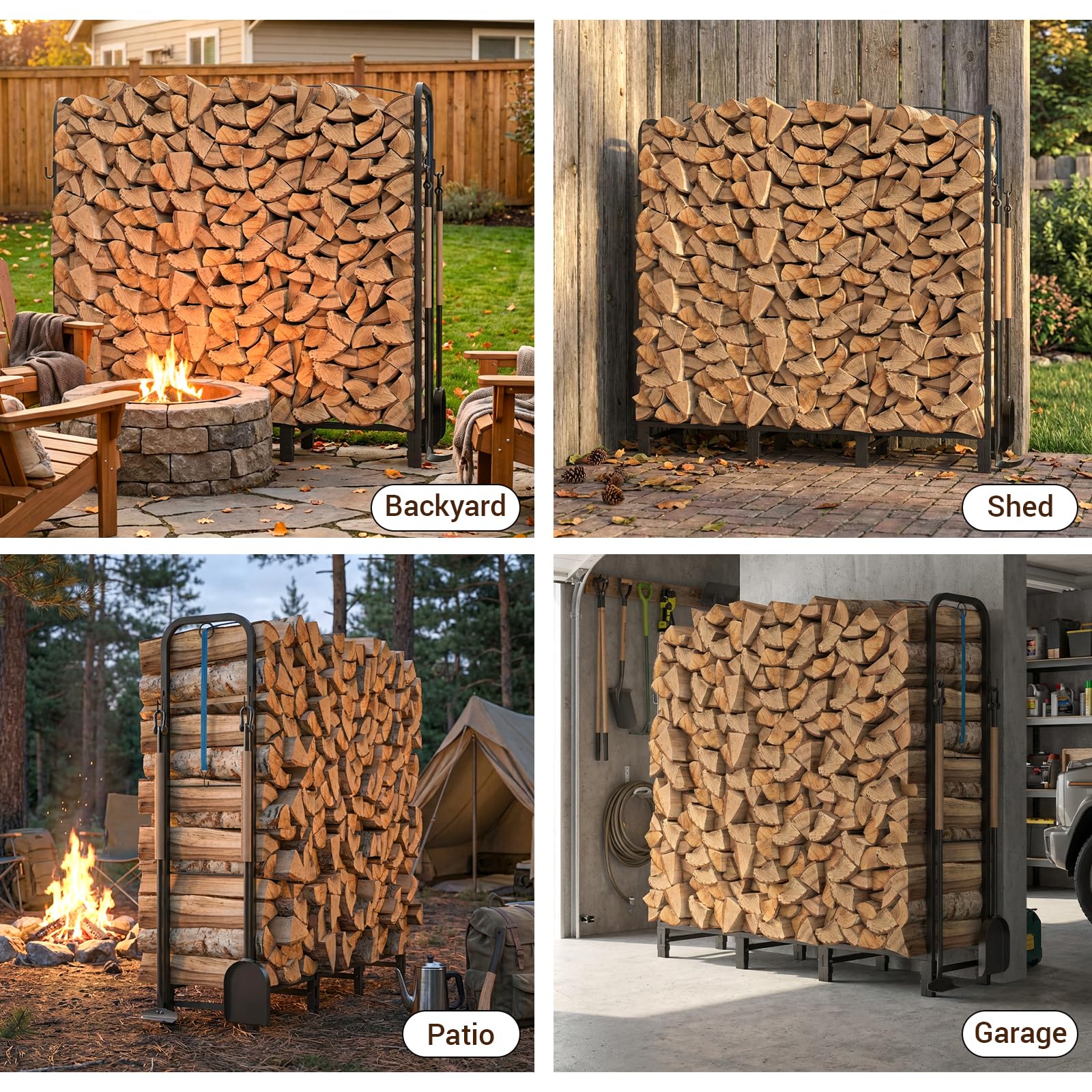 Riciakik firewood rack keeps firewood dry and ready to burn.