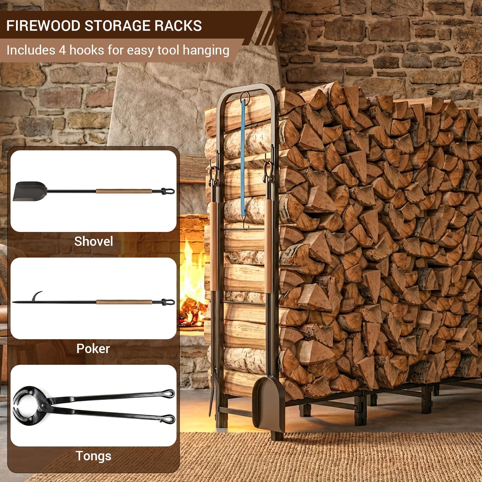 Riciakik firewood rack suitable for indoor and outdoor use in multiple spaces.