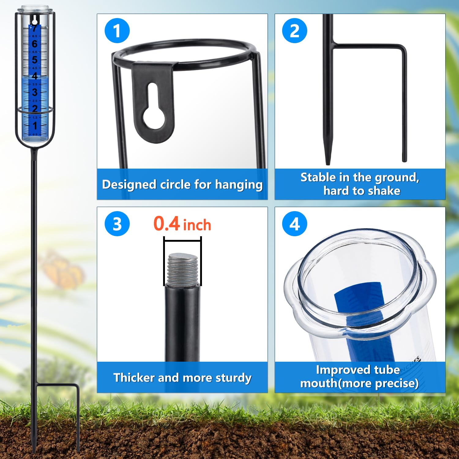 Ricihene rain gauge with blue-tinted tube improves readability in bright light