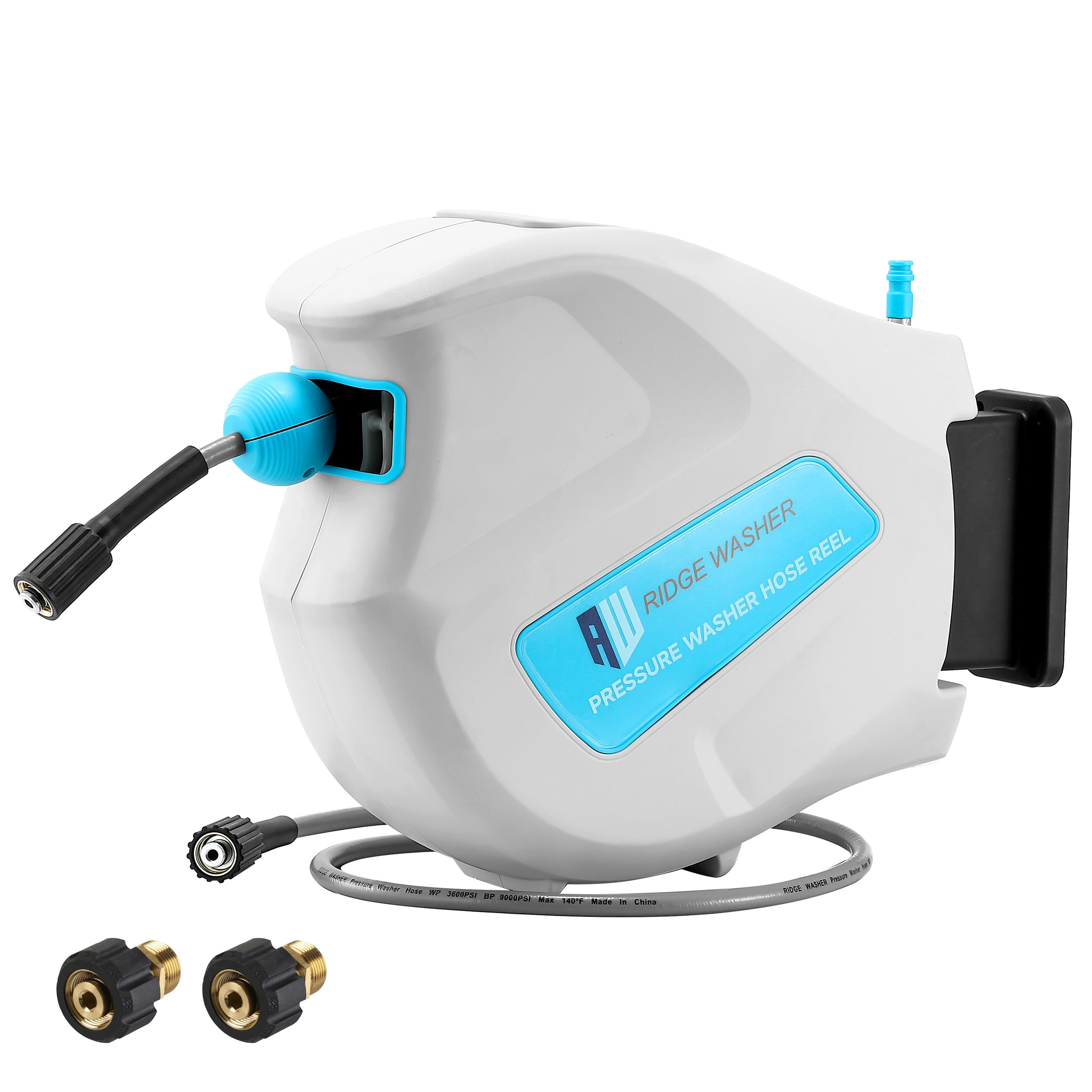 RIDGE WASHER 65ft 1/4in hose reel shown for extended reach on outdoor surfaces