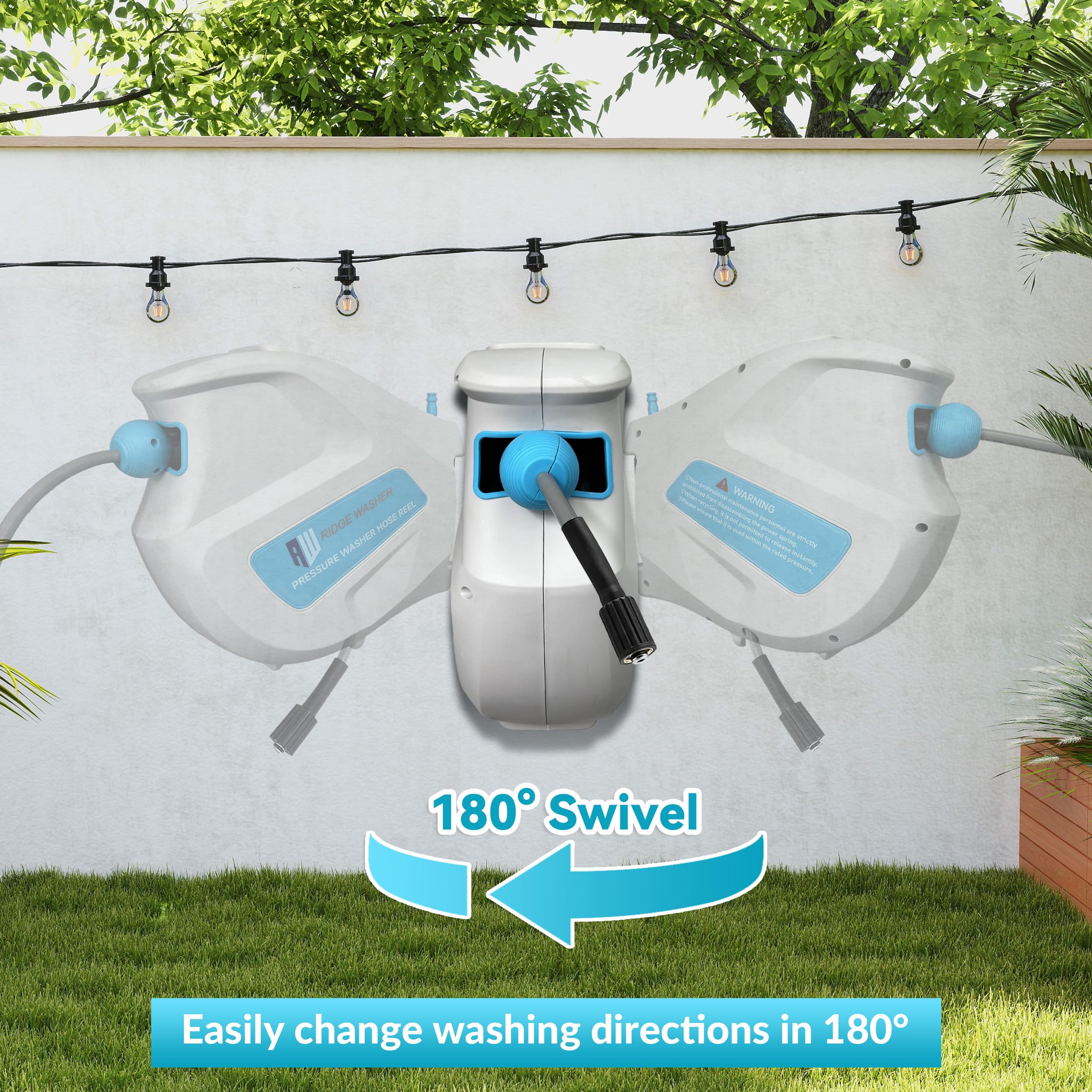 RIDGE WASHER auto-rewind hose reel in action retracting the hose neatly