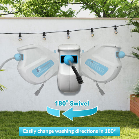 RIDGE WASHER auto-rewind hose reel in action retracting the hose neatly