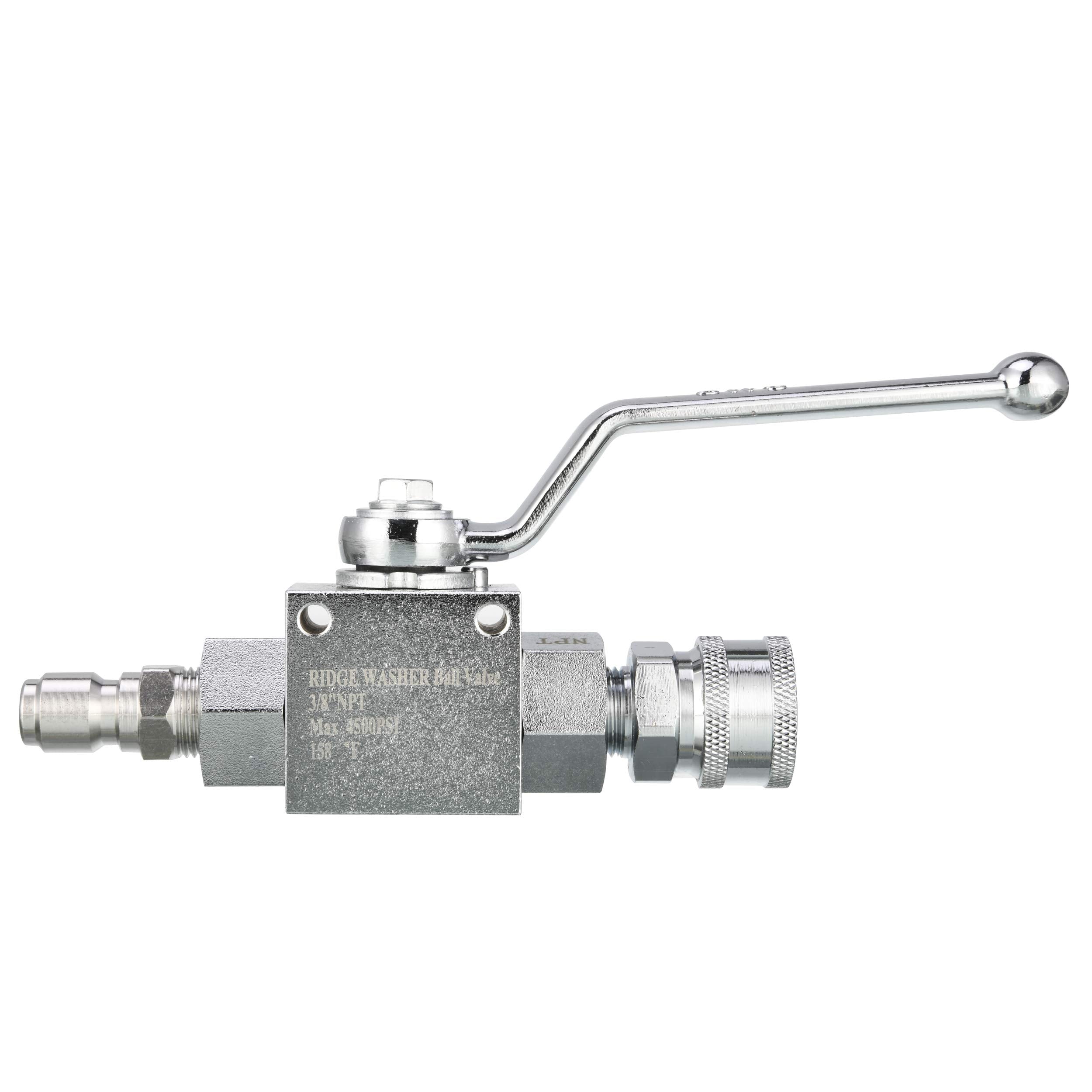 RIDGE WASHER ball valve in use with power washer demonstrates reliable on/off control
