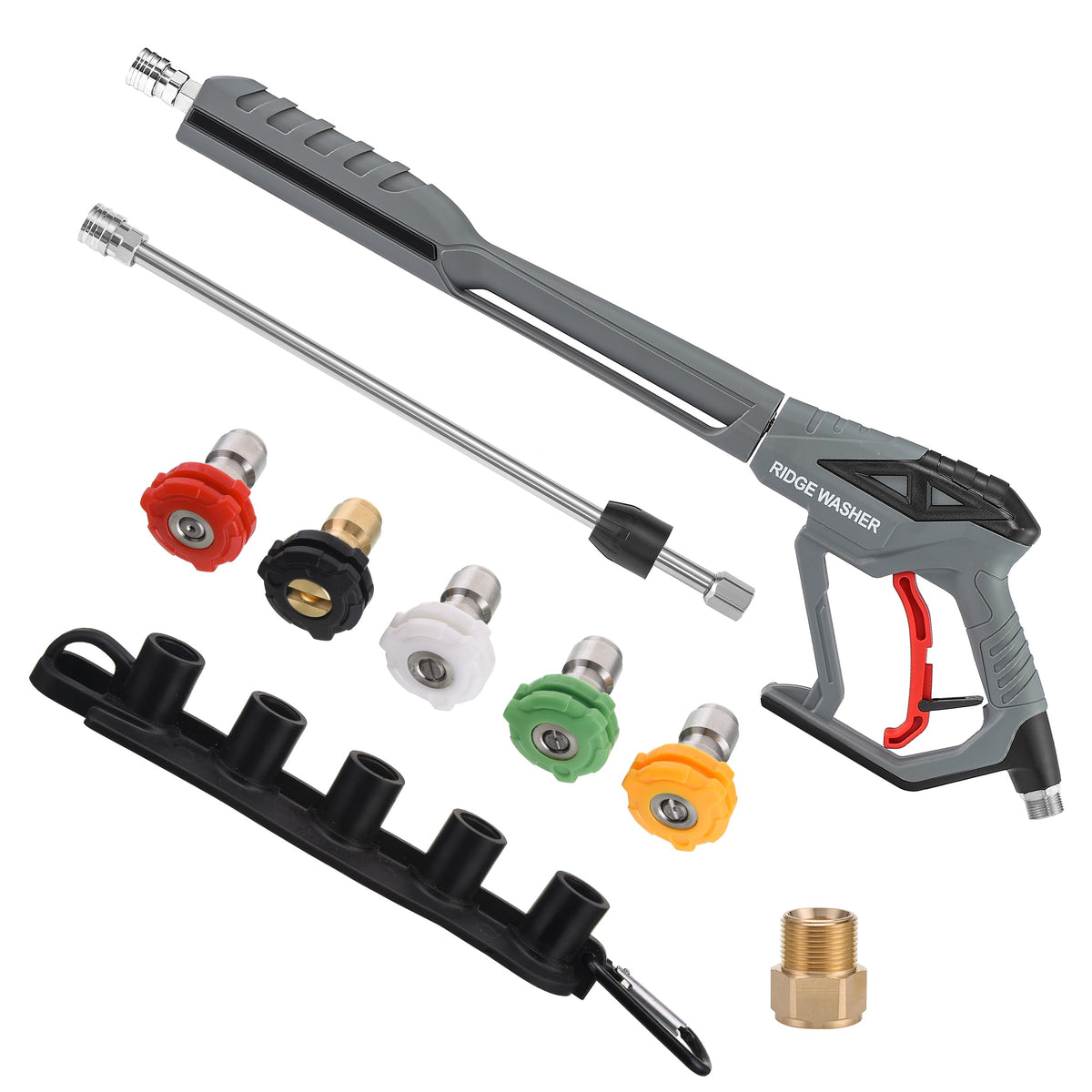 RIDGE WASHER pressure washer gun with 42-inch extension improves reach for tall surfaces.