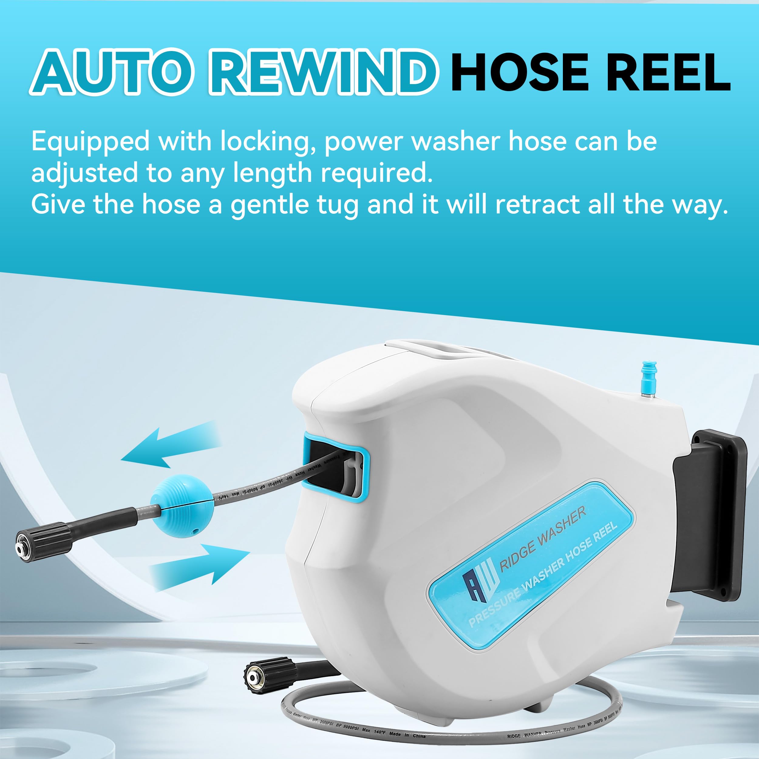 RIDGE WASHER reel in use with steady hose tension during cleaning