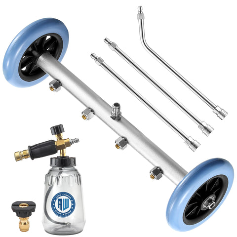 RIDGE WASHER undercarriage cleaner removes road grime under a vehicle.