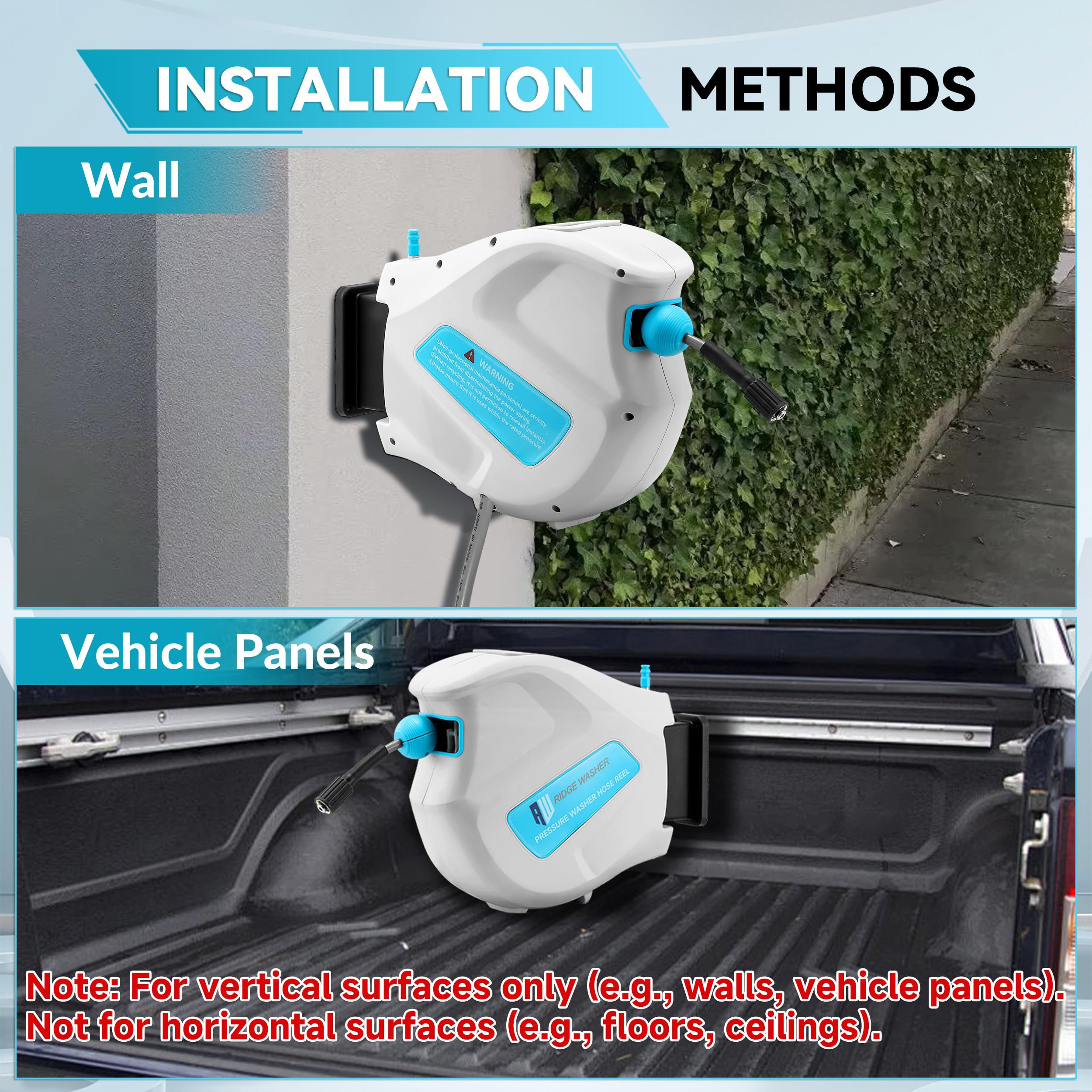 RIDGE WASHER wall-mounted retractable hose reel mounted on a clean workspace wall