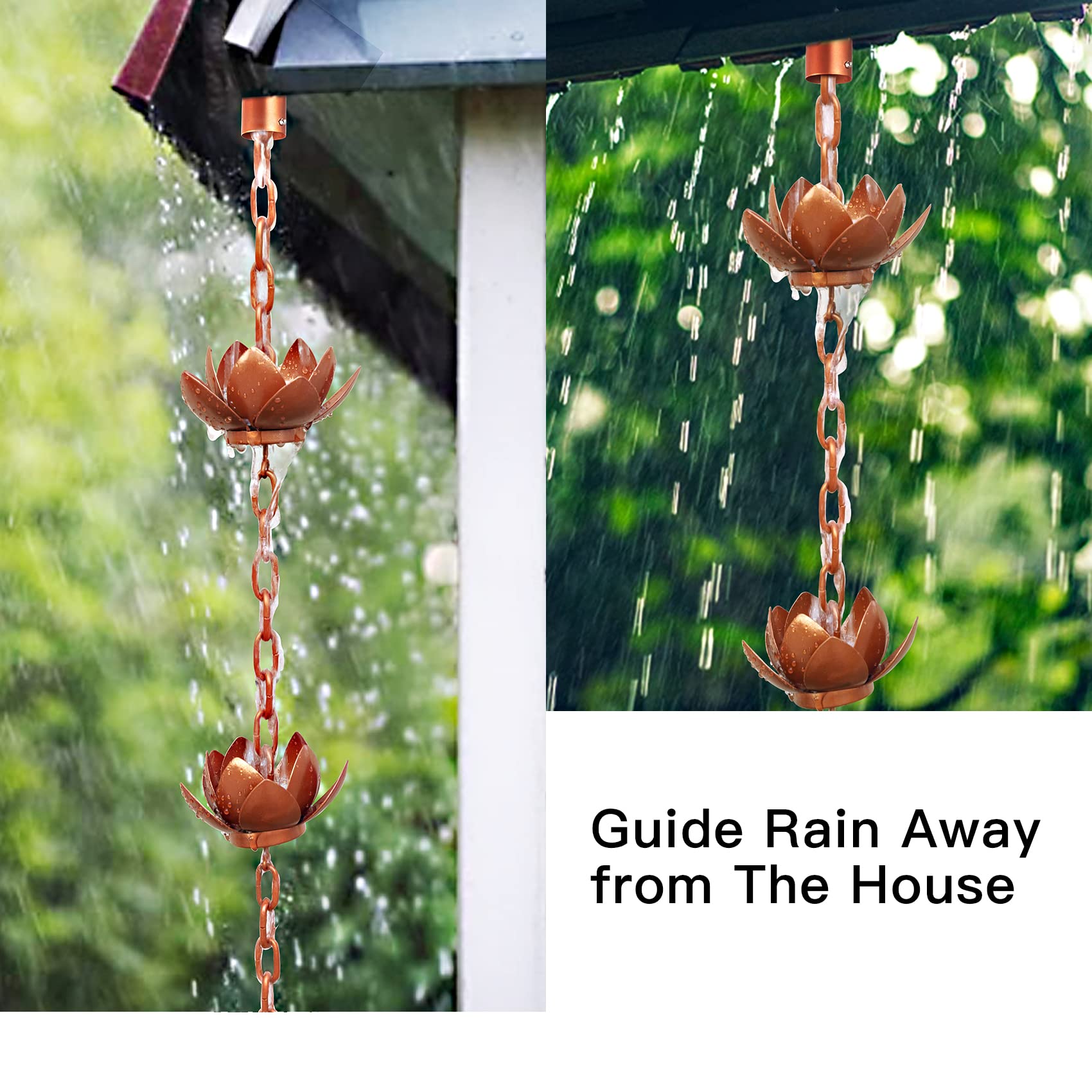 Rifachua copper-plated lotus cups provide warm finish while guiding rainwater.