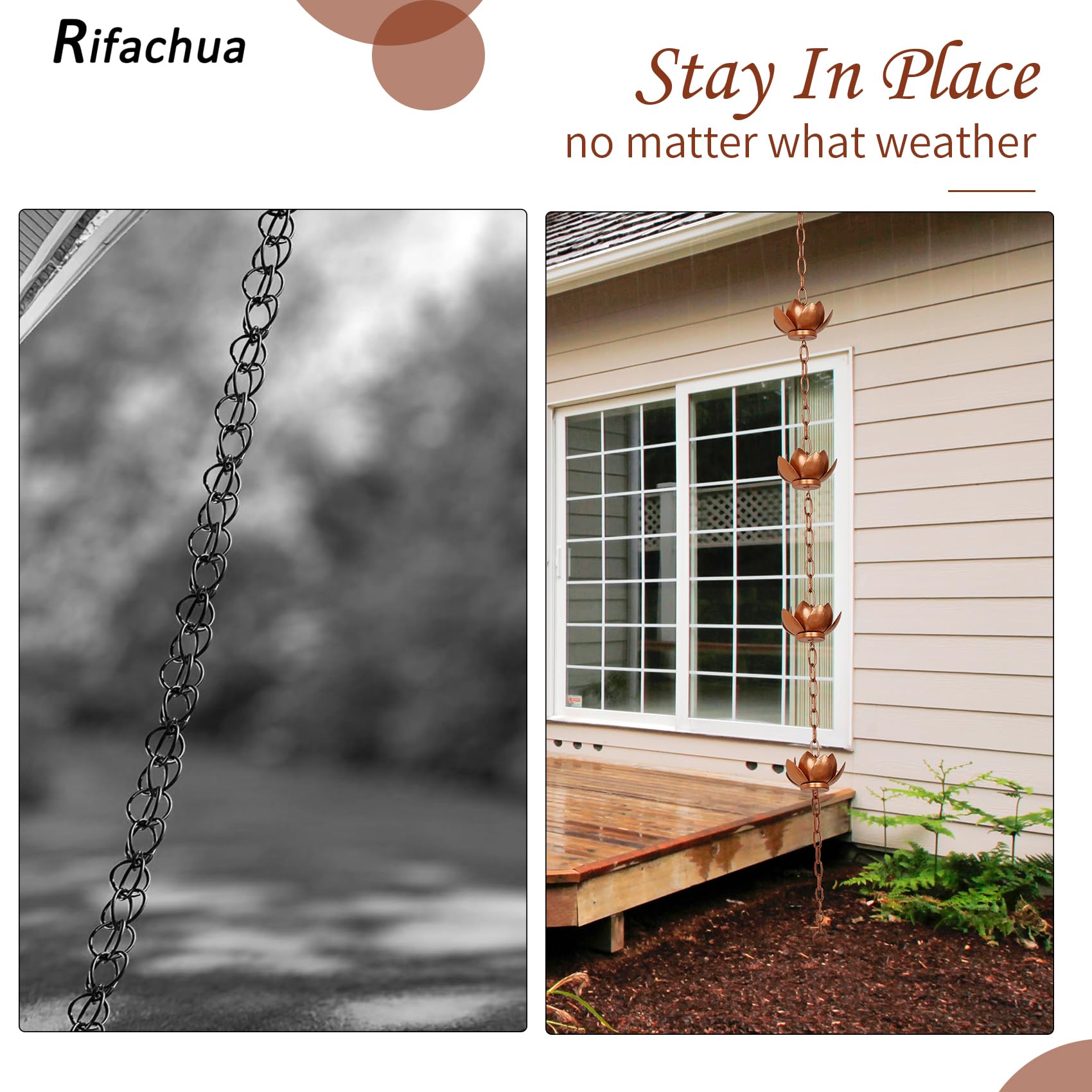 Rifachua installation friendly rain chain stake with removable clasps for length adjust.