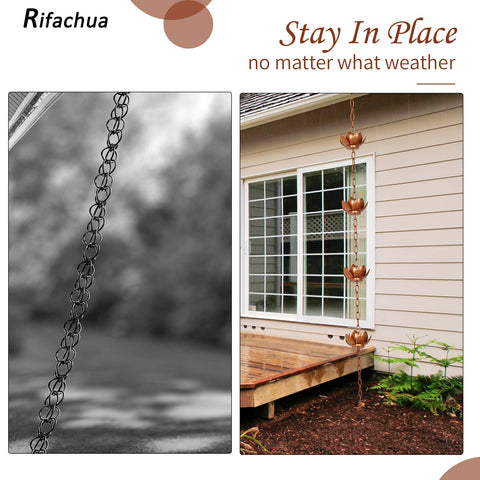 Rifachua installation friendly rain chain stake with removable clasps for length adjust.