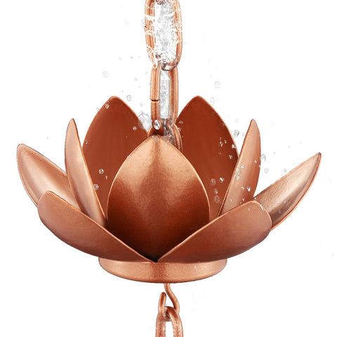 Rifachua rain chain 8.5ft with lotus cups adding decorative water feature to gutters.