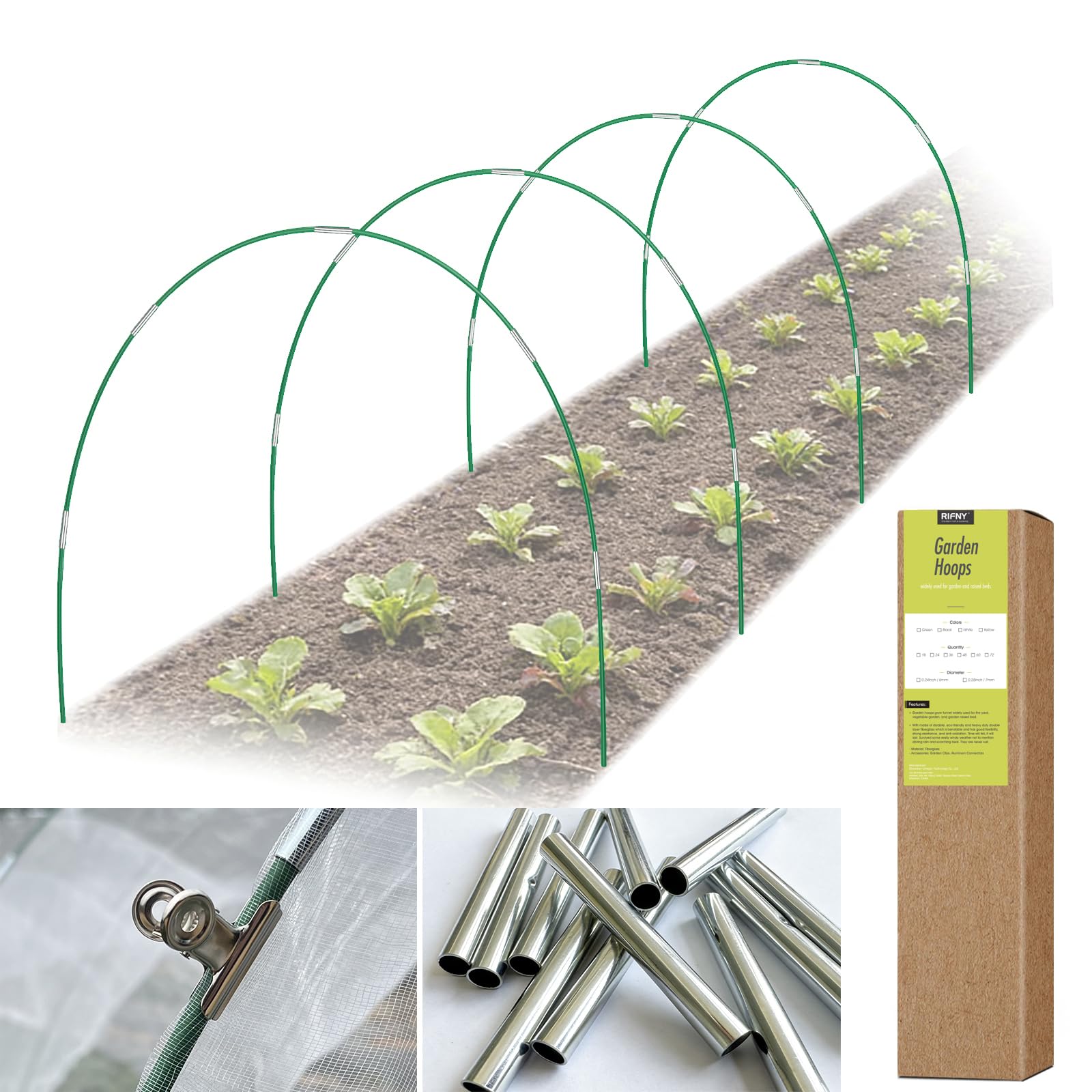 RIFNY 24-piece garden hoops kit for raised beds supports row covers and netting.