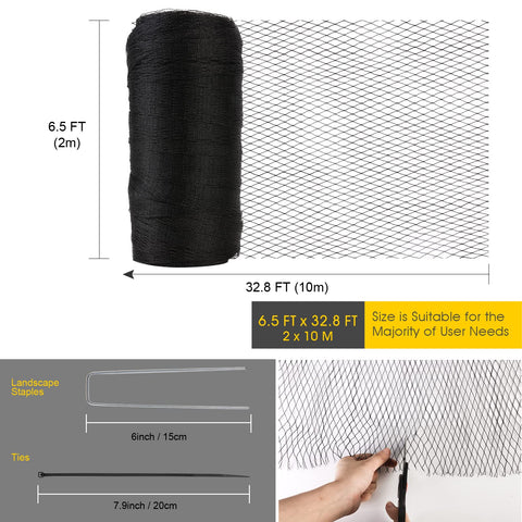 RIFNY bird netting install-stakes shows six landscape staples for quick securement.